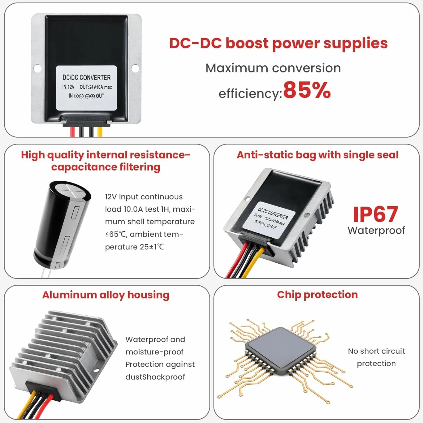 DC-DC Convertitore di tensione da 12V a 24V 10A 240W MAX, convertitore da 10-22V a 24V boost, convertitore con fusibile impermeabile e morsettiera, per motori di auto e strumenti ecc.