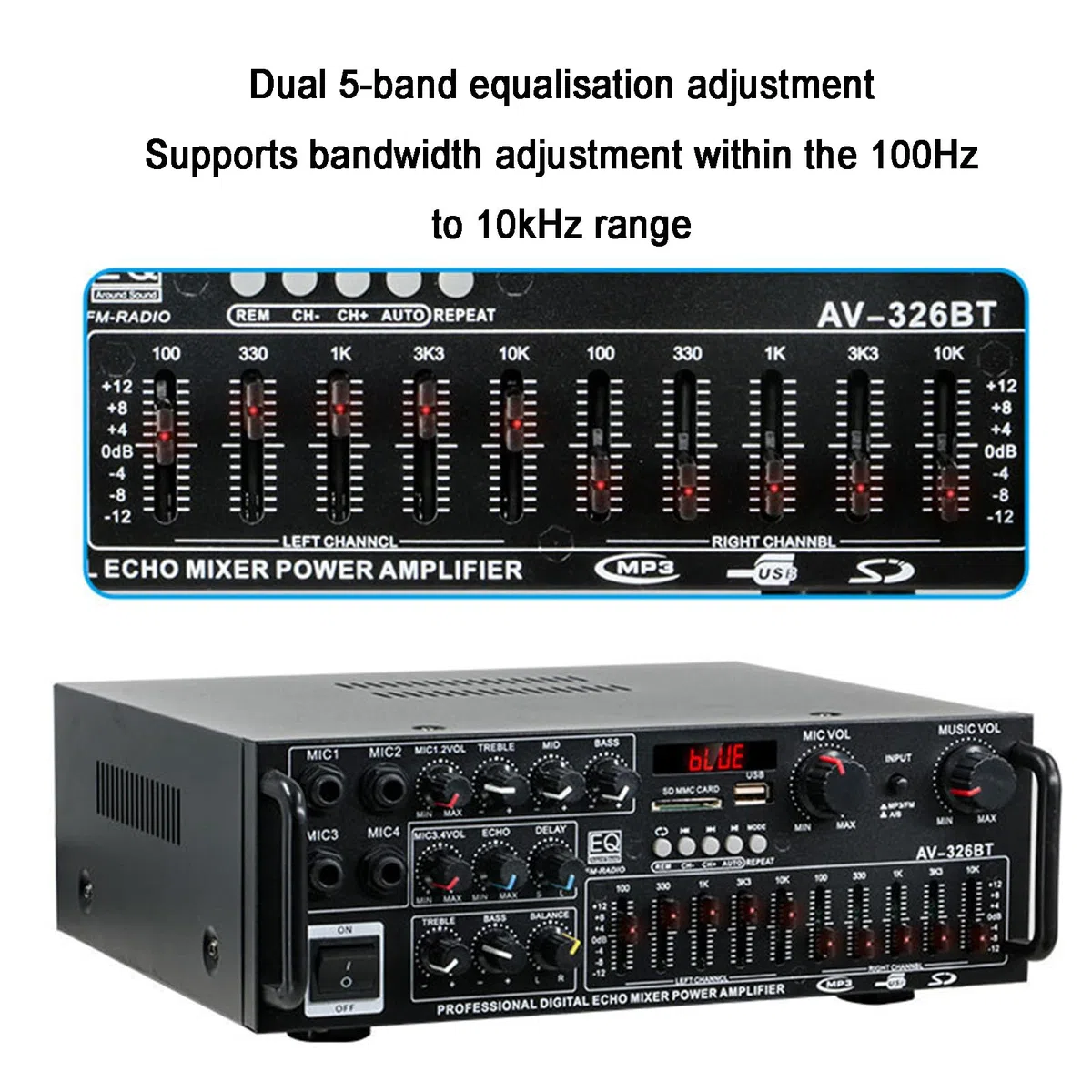 Amplificatore Digitale HiFi, Amplificatore Audio Stereo a 2.0 Canali, Doppia Regolazione del Bilanciamento EQ a 5 Bande, con Telecomando, Supporto Formati Lossless