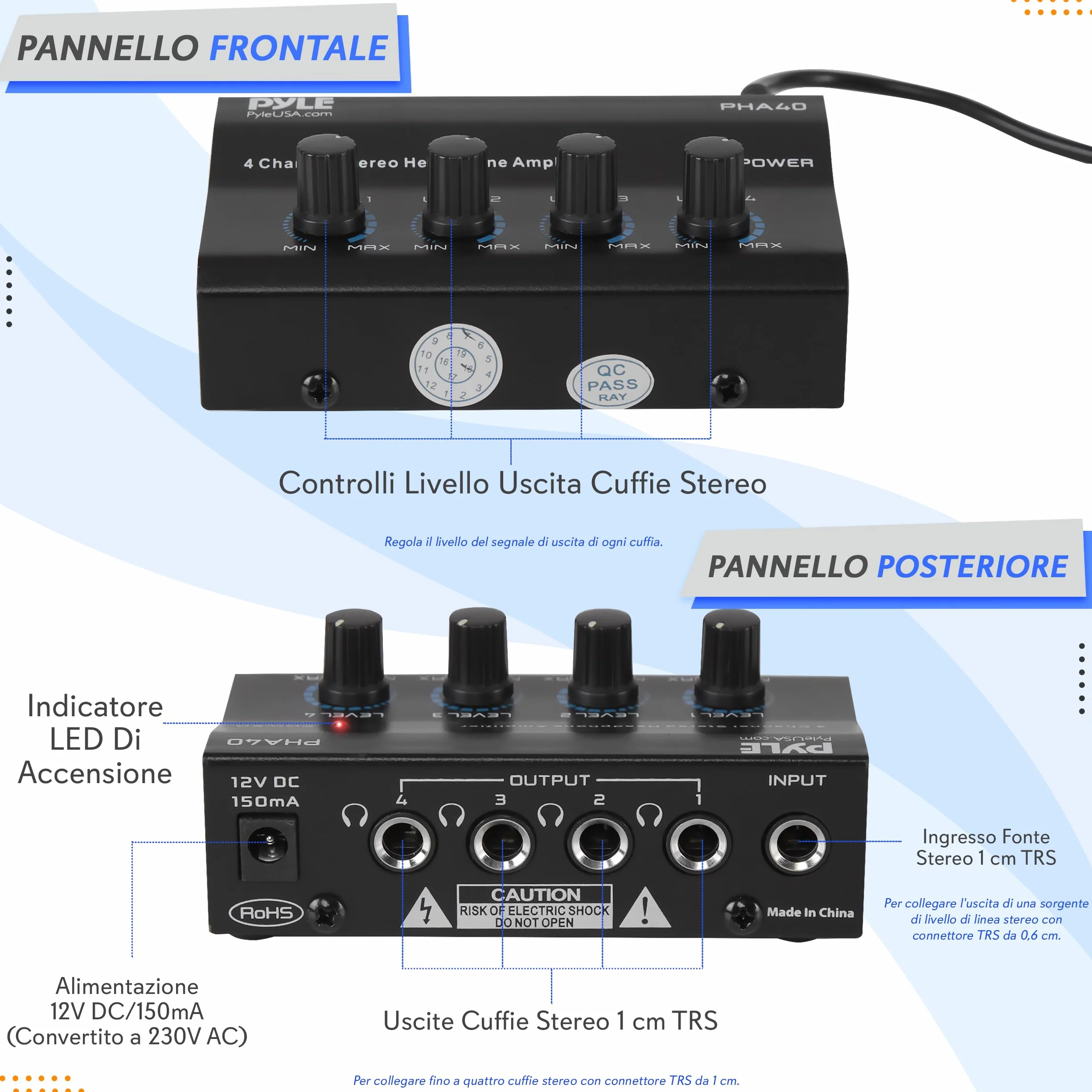 Pyle Preamplificatore Phono, Giradischi - Amplificatore Audio Stereo 4 Canali Portatile con Jack Bilanciato TRS da 6,35 mm e Ingresso TRS da 6,35 mm