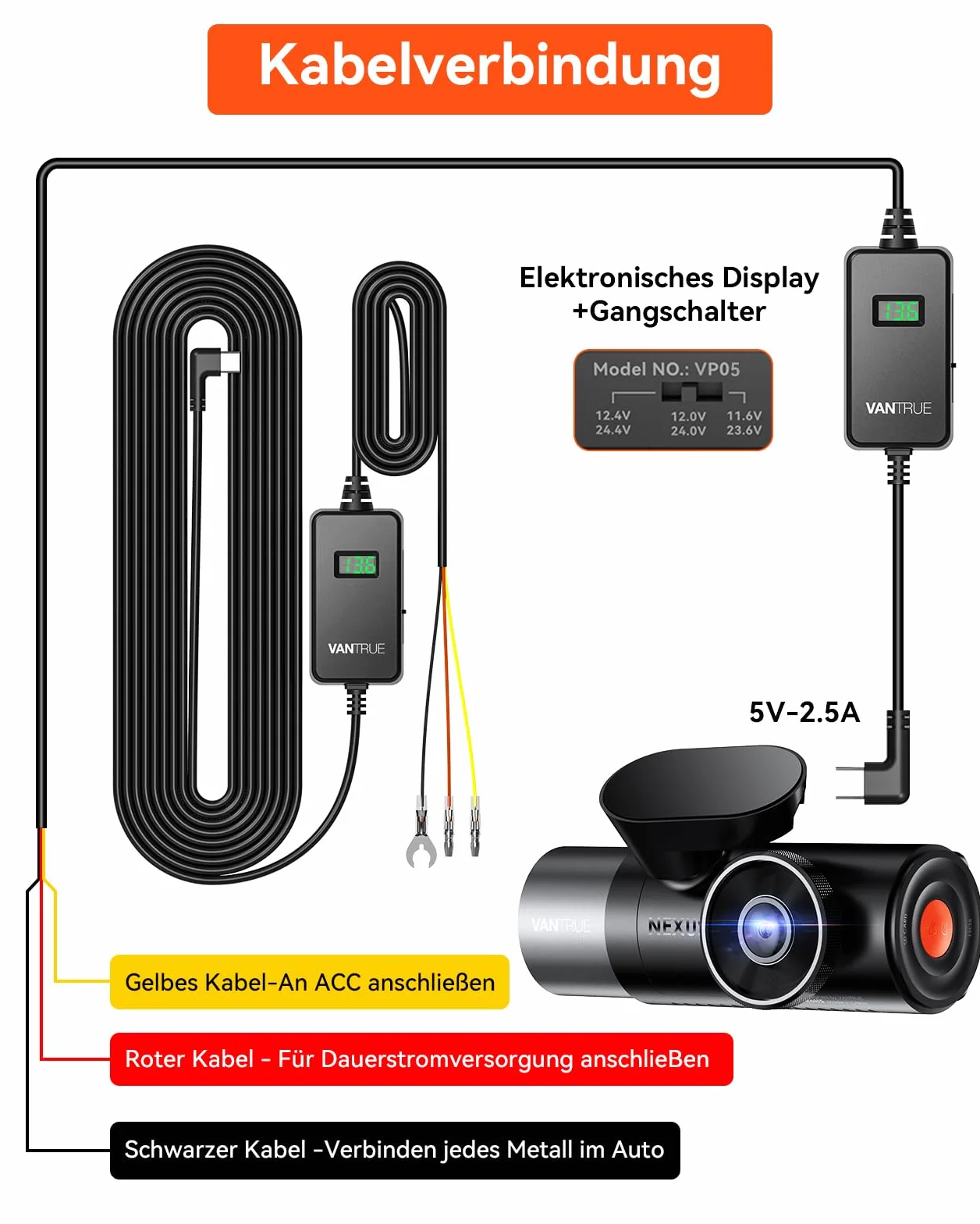 VANTRUE Kit di Cablaggio USB-C con 3 Velocità, Cavo ACC e display per Dashcam USB-C, da 12V/24V a 5V, Portafusibili con Protezione da Bassa Tensione, Modalità di Parcheggio 24H