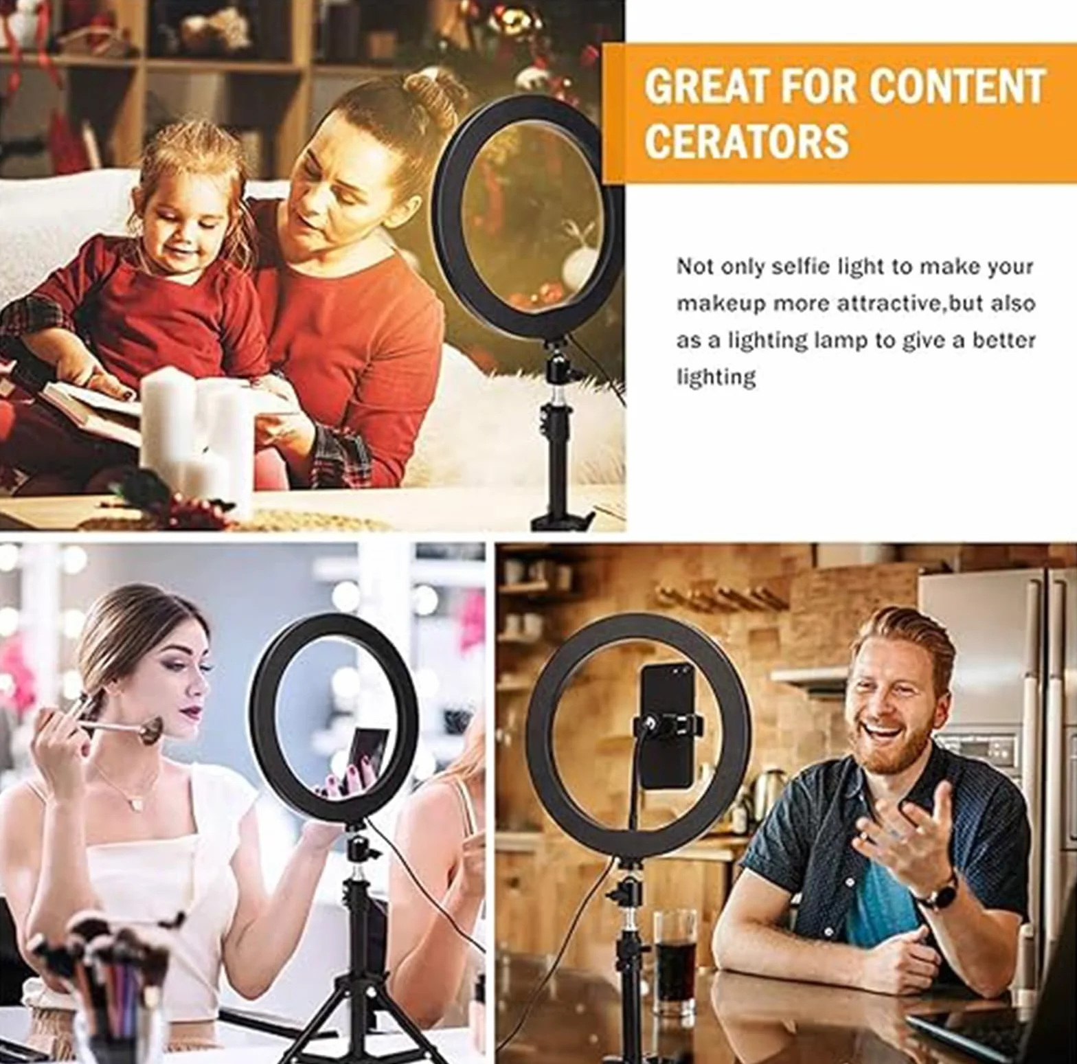 XUMI Anello luminoso a LED a intensità variabile da 10 pollici con supporto e supporto per telefono, scrivania treppiede regolabile per Youtube Video, Photography, Selfie, Vlog, Live Streaming, nero