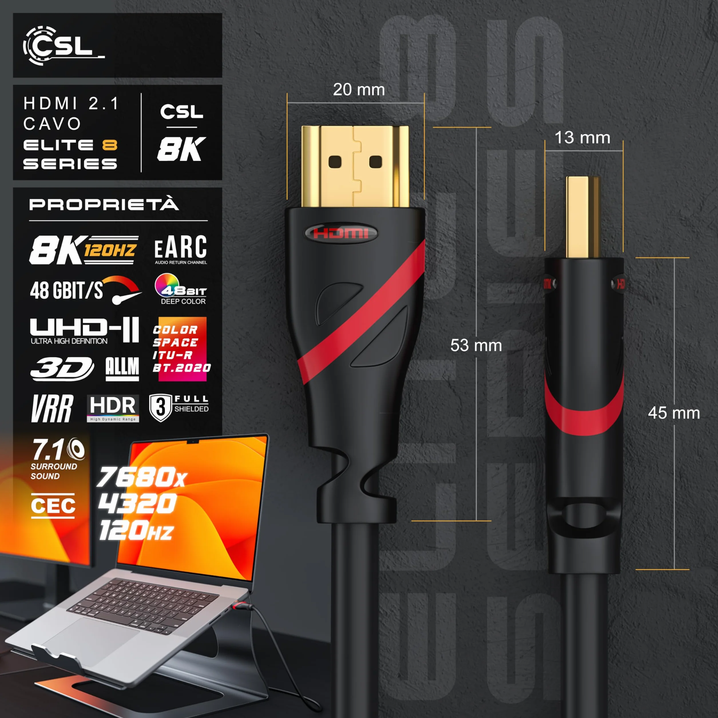 CSL - 10m Cavo HDMI 8k / 4k 2.1/2.0-8K @ 60Hz 4K @ 120Hz con DSC - 48 Gbit/s - 3D - Ultra High Speed con Ethernet - TV Blu-ray PS5 compatibile con Xbox Series X Switch - nero - 10 metri