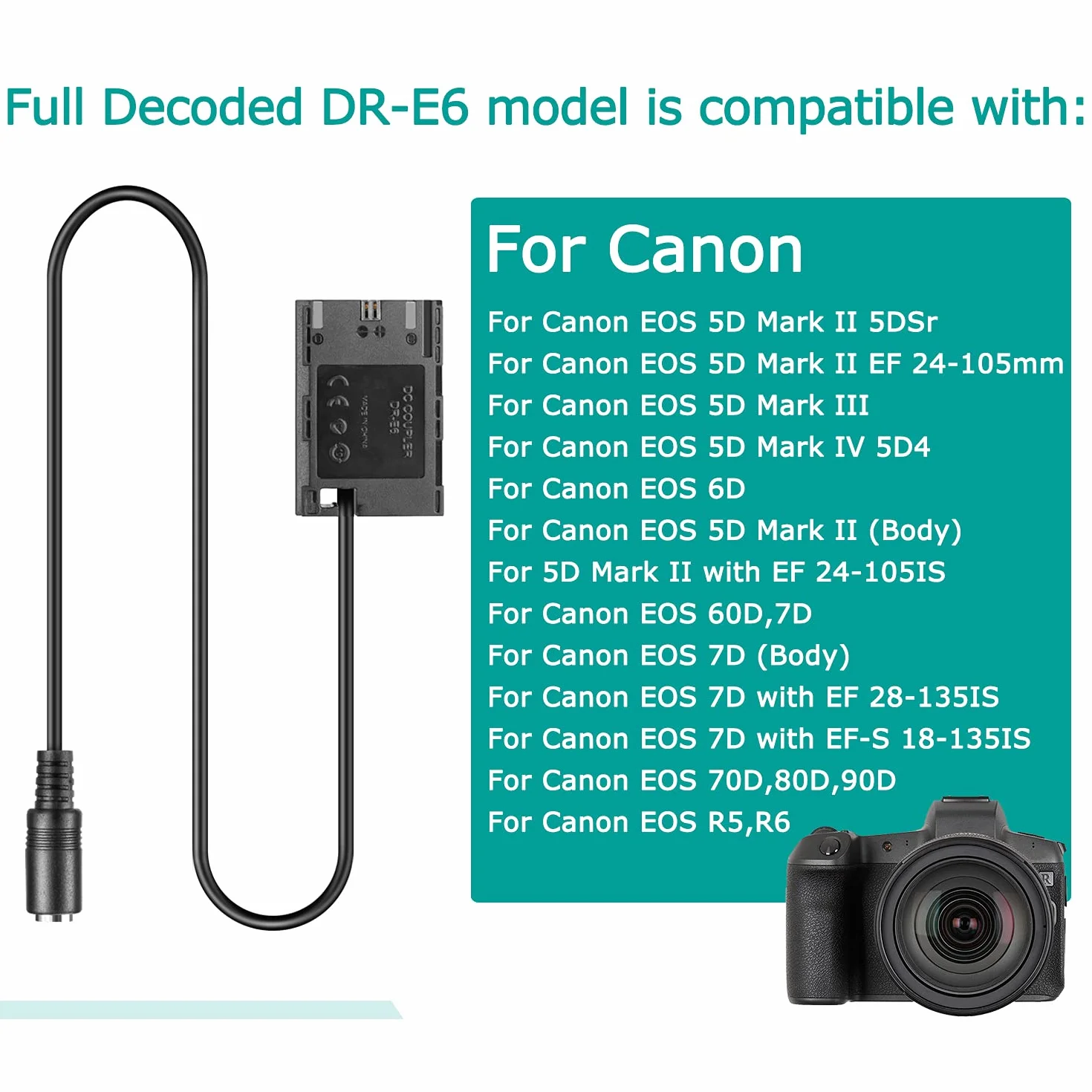 Kit Adattatore USB + DC 8.4V Cavo ACK-E6 + Accoppiatore DR-E6 Completamente Decodificato Batteria Dummy LP-E6 per Canon EOS 5D Mark III II IV 5DSR 7D 60D 70D 80D 6D Mark II
