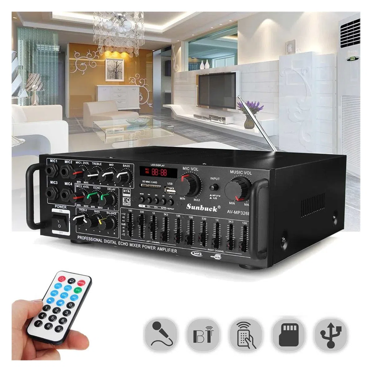 Amplificatore, Amplificatore HIFI a 2 canali Riproduzione ad alta risoluzione Amplificatore subwoofer Amplificatore di potenza USB SD con telecomando