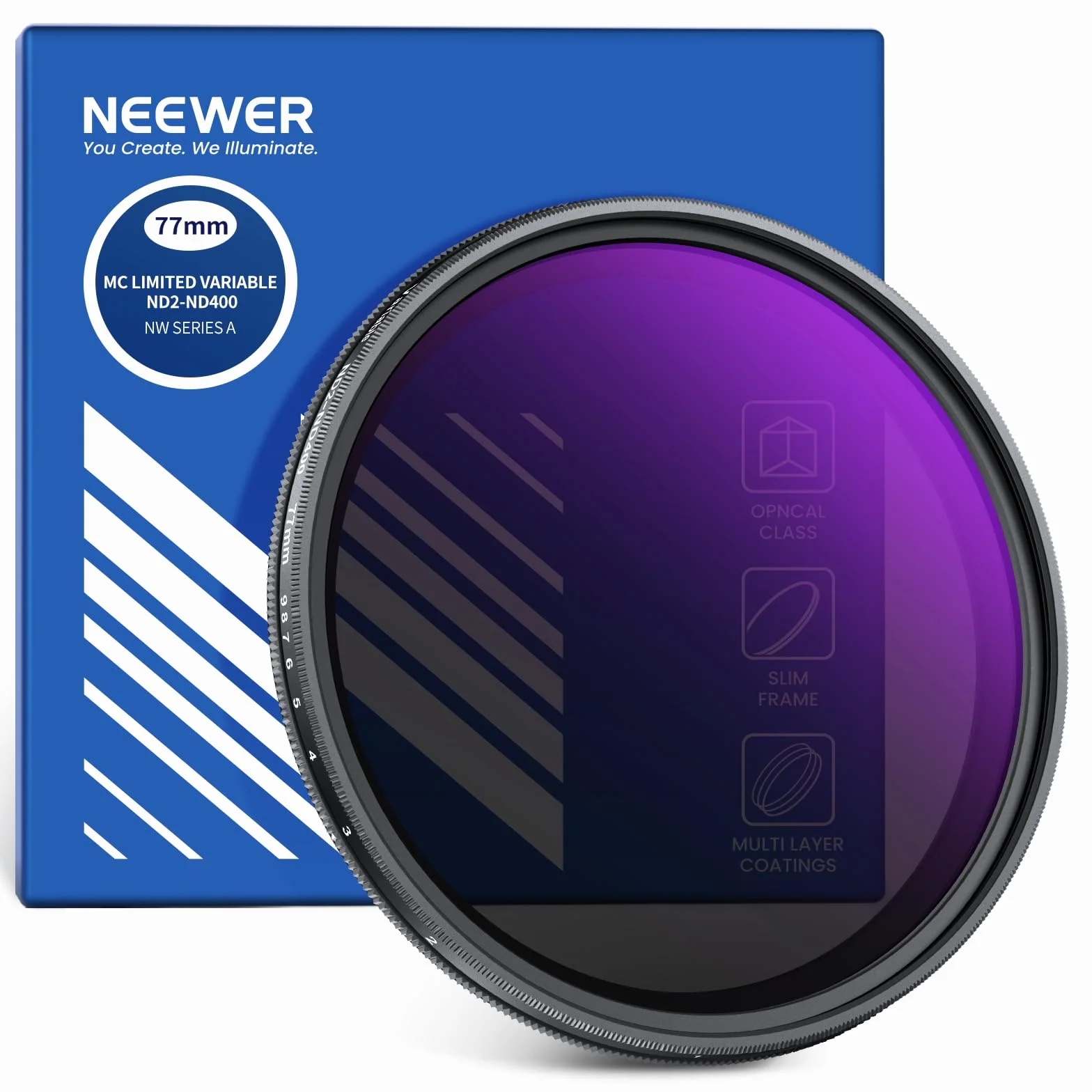 NEEWER Filtro ND2-ND400 Variabile, Filtro a Densità Neutra Regolabile Limitato con Stop Ripido, Vetro Ottico Antigraffio Idrorepellente Multistrato, Telaio Sottile in Alluminio, 77mm