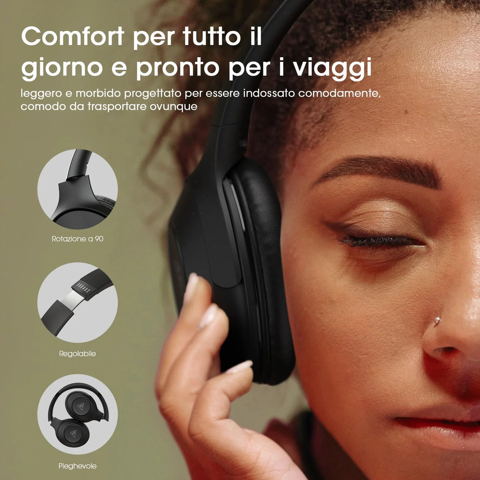 DOQAUS Cuffie Wireless Bluetooth 5.3-70 Ore Di Riproduzione,Cuffie Bluetooth Over Ear,3 EQ Modalità di Suono,Senza Fili Stereo HiFi con Microfono,per Viaggio/Telefono/PC