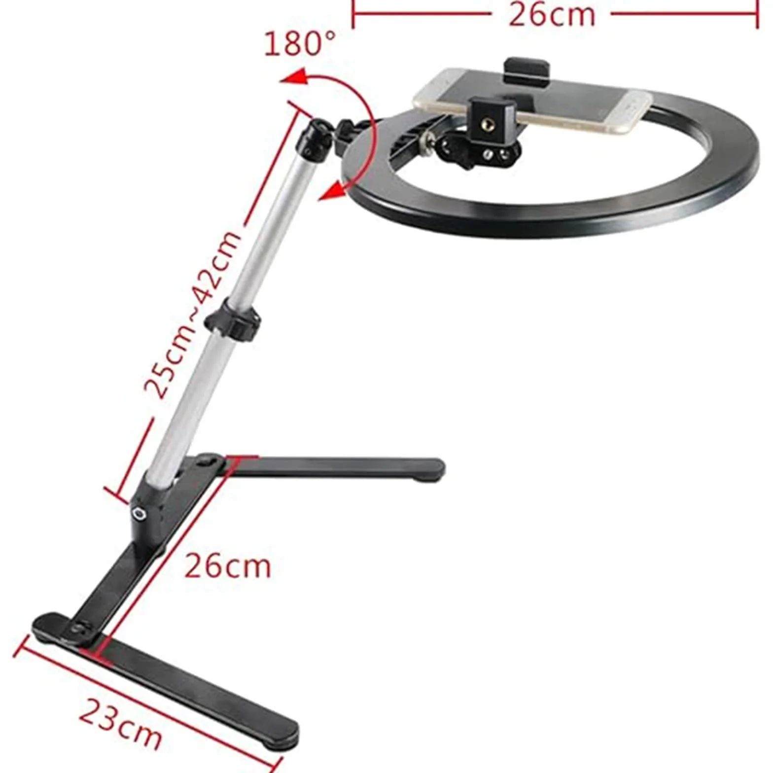 XUMI Anello luminoso a LED a intensità variabile da 10 pollici con supporto e supporto per telefono, scrivania treppiede regolabile per Youtube Video, Photography, Selfie, Vlog, Live Streaming, nero