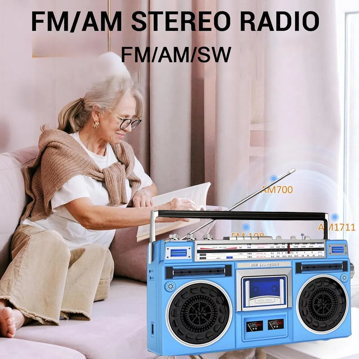 Boombox - Sistema stereo retrò con radio AM/FM, lettore CD e registratore a cassette, ingresso USB/SD, altoparlanti integrati, jack per cuffie da 3,5 mm