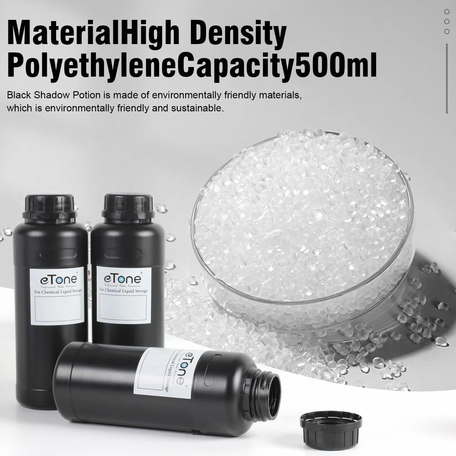 eTone Darkroom - 3 flaconi da 500 ml per prodotti chimici con tappi, per lo sviluppo di film, attrezzature per lo sviluppo di foto (nero)