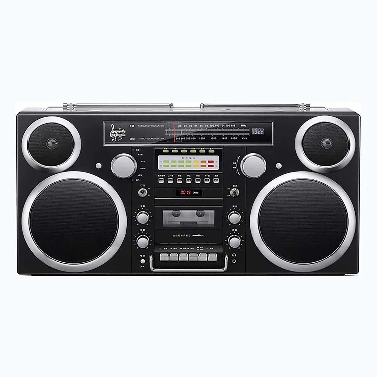 Boombox wireless retrò con Bluetooth 5.0, radio AM/FM, riproduzione SD/AUX/USB e registrazione one-touch per intrattenimento musicale domestico e all'aperto