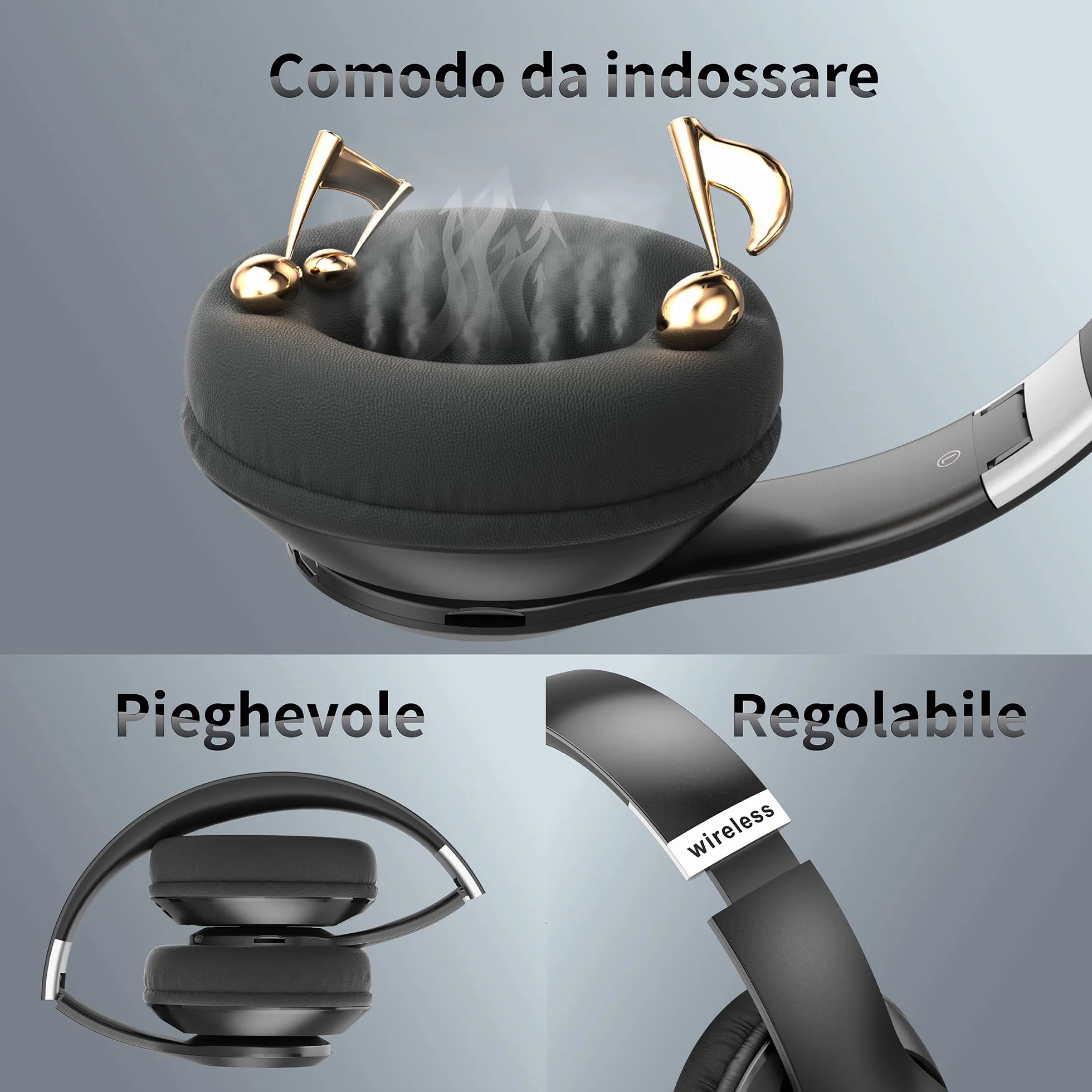 Cuffie Bluetooth Over Ear, 60 Ore Di Riproduzione, Cuffie Wireless 6 EQ Modalità Di Suono con Filo, Cuffie con Microfono Stereo HiFi, USB C, SD/TF, FM, Cuffie Bluetooth 5.0 per Sport Viaggio, Studio