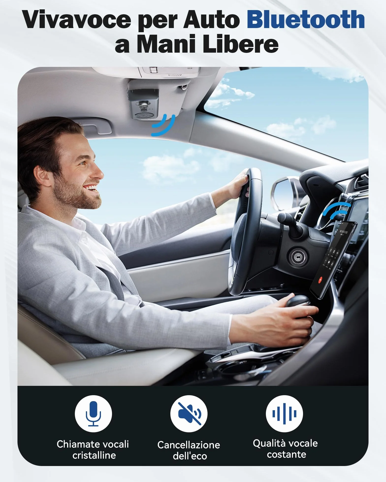 AGPTEK Vivavoce per Auto Bluetooth 5.3 con Siri, Assistente Google, Kit per Auto con Altoparlante Wireless con Slot per Scheda TF, Supporta la Connessione di 2 Telefoni Contemporaneamente