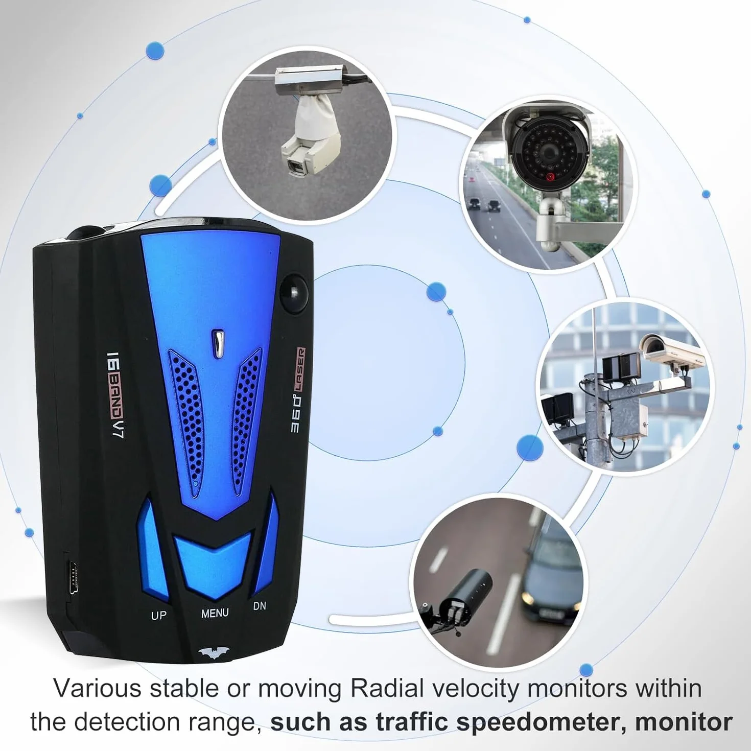 Rilevatore radar per auto GPS V7 a 16 bande, allarme vocale e sistema di allarme velocità a 360 gradi con rilevamento, sensore radar per auto