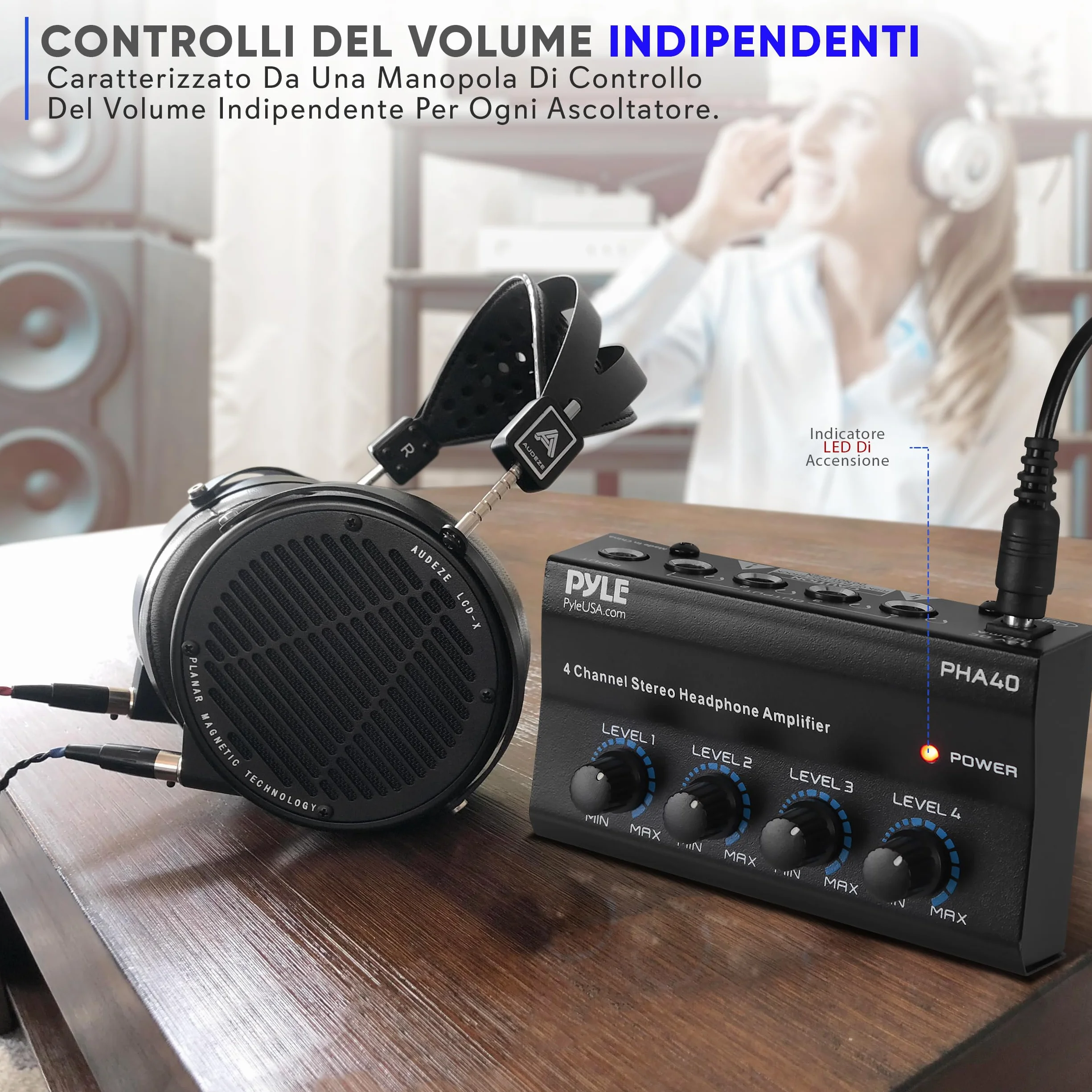 Pyle Preamplificatore Phono, Giradischi - Amplificatore Audio Stereo 4 Canali Portatile con Jack Bilanciato TRS da 6,35 mm e Ingresso TRS da 6,35 mm