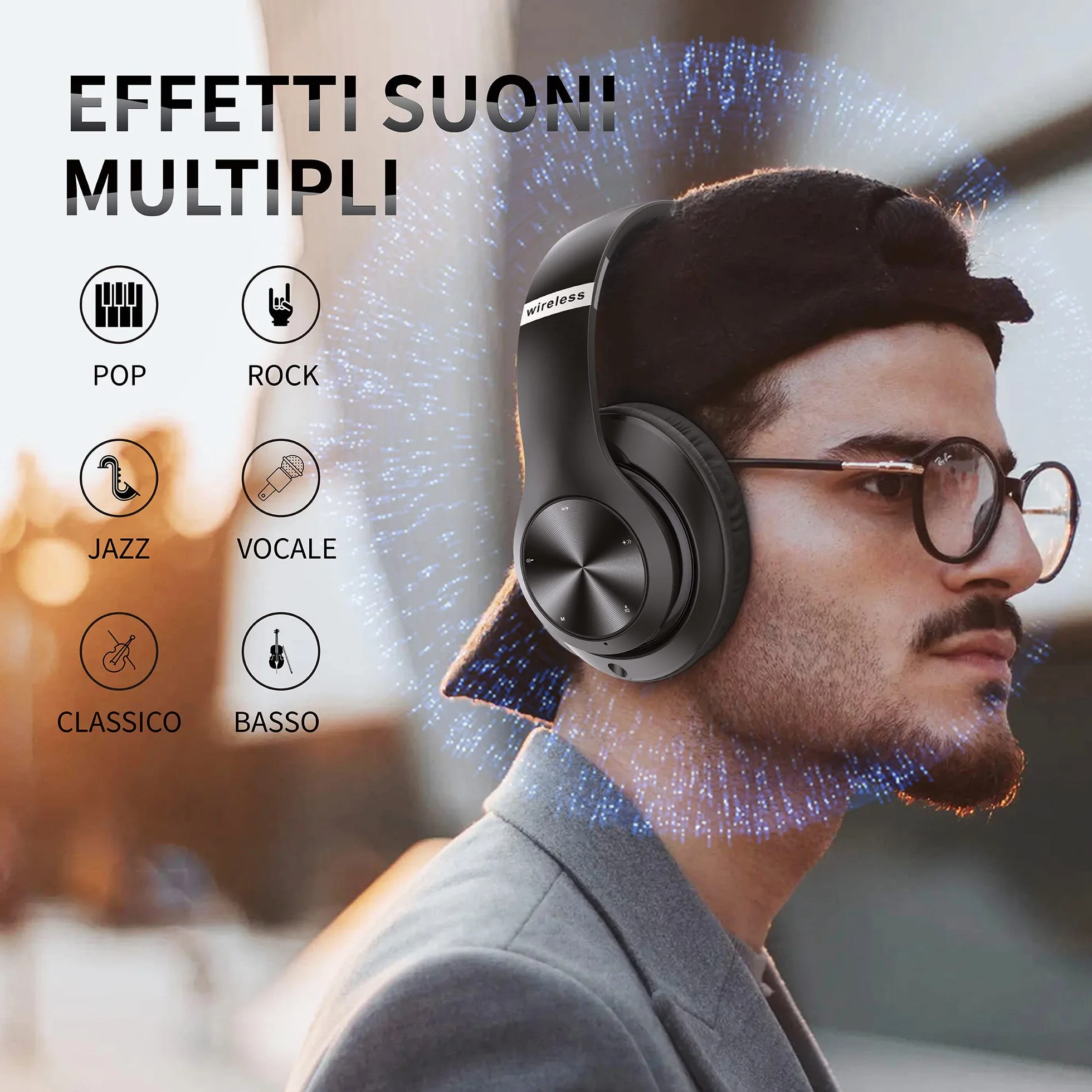 Cuffie Bluetooth Over Ear, 60 Ore Di Riproduzione, Cuffie Wireless 6 EQ Modalità Di Suono con Filo, Cuffie con Microfono Stereo HiFi, USB C, SD/TF, FM, Cuffie Bluetooth 5.0 per Sport Viaggio, Studio