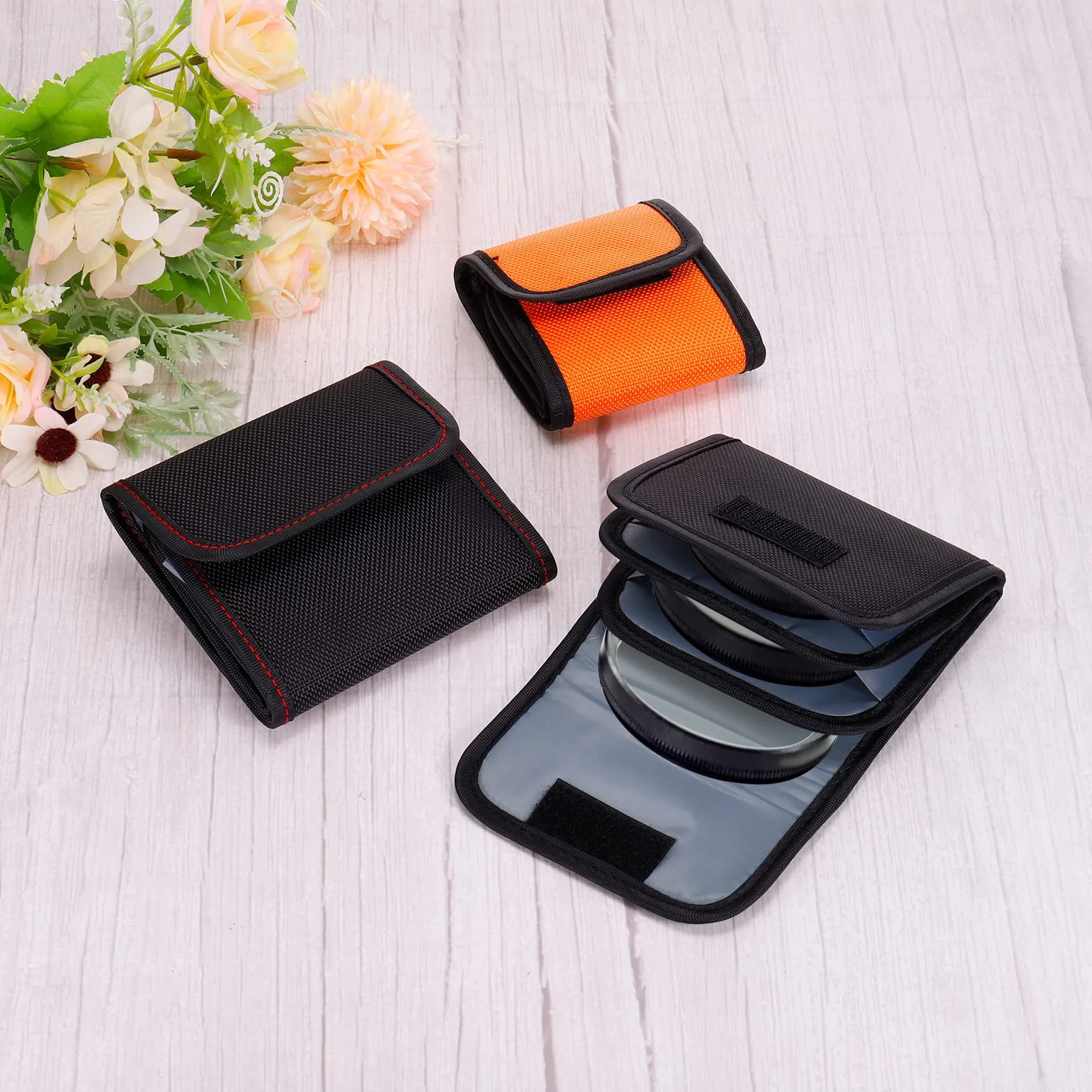 PATIKIL 82mm Fotocamera Filtro Custodia - 2pz, 3 Tasca, Resistente Acqua, Antipolvere, Borsa per Fotografia Conservazione, Nero Rosso