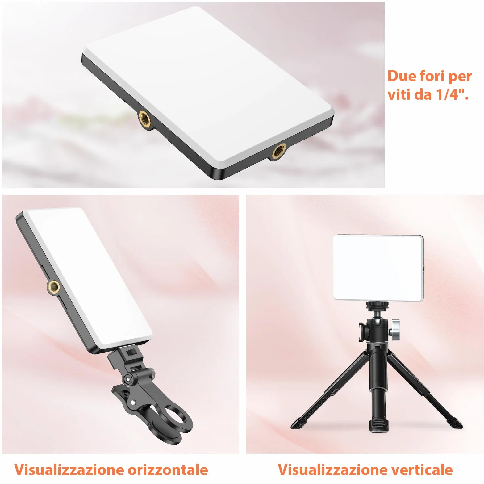 TONEOF Luce Selfie portatile, Flash Luce per telefono ricaricabile con clip e doppio foro tornito da 1/4", Luci per fotocamera 2500-9000K per Phone/computer portatile/tablet-Nero