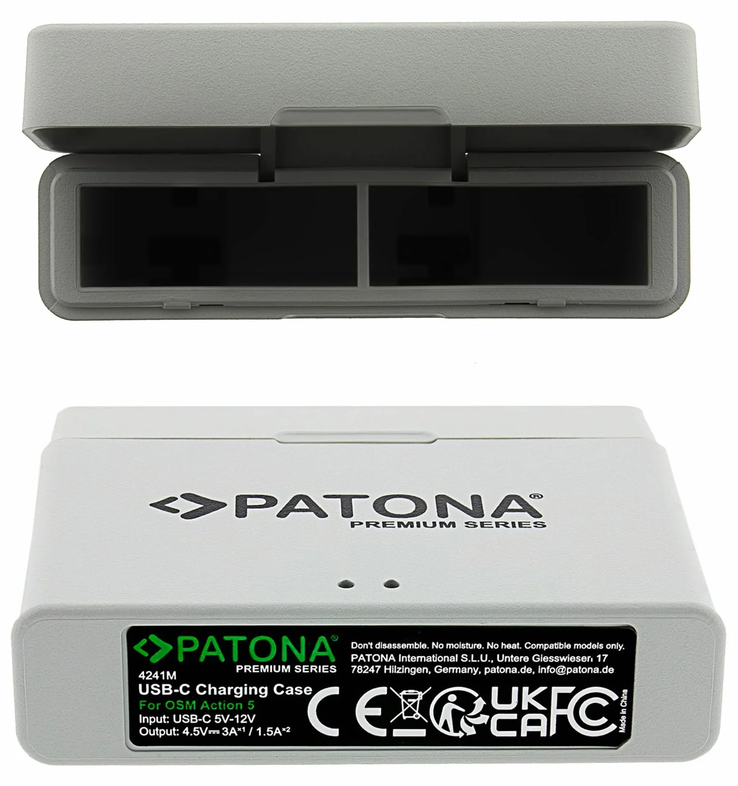 PATONA Premium Dual Charging Box per DJI Osmo Action 3 4 5 6 – Caricatore con connessione USB-C e indicatore di carica – per 2 batterie BCX202, ricarica sicura grazie al sistema MCU, cavo USB C