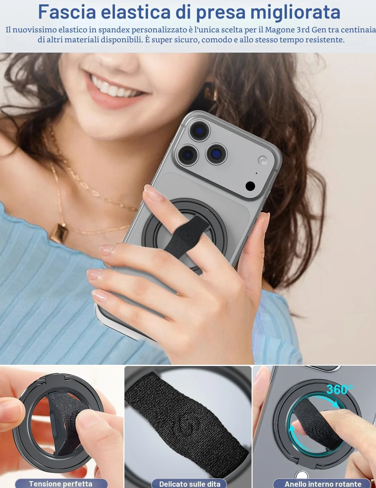 EWA MagOne 3rd Gen [Compatibile con MagSafe] Supporto per telefono cellulare con anello elastico per le dita, anello interno rotante, supporto magnetico rimovibile, per iPhone 16, 15, 14, 13, 12-Nero