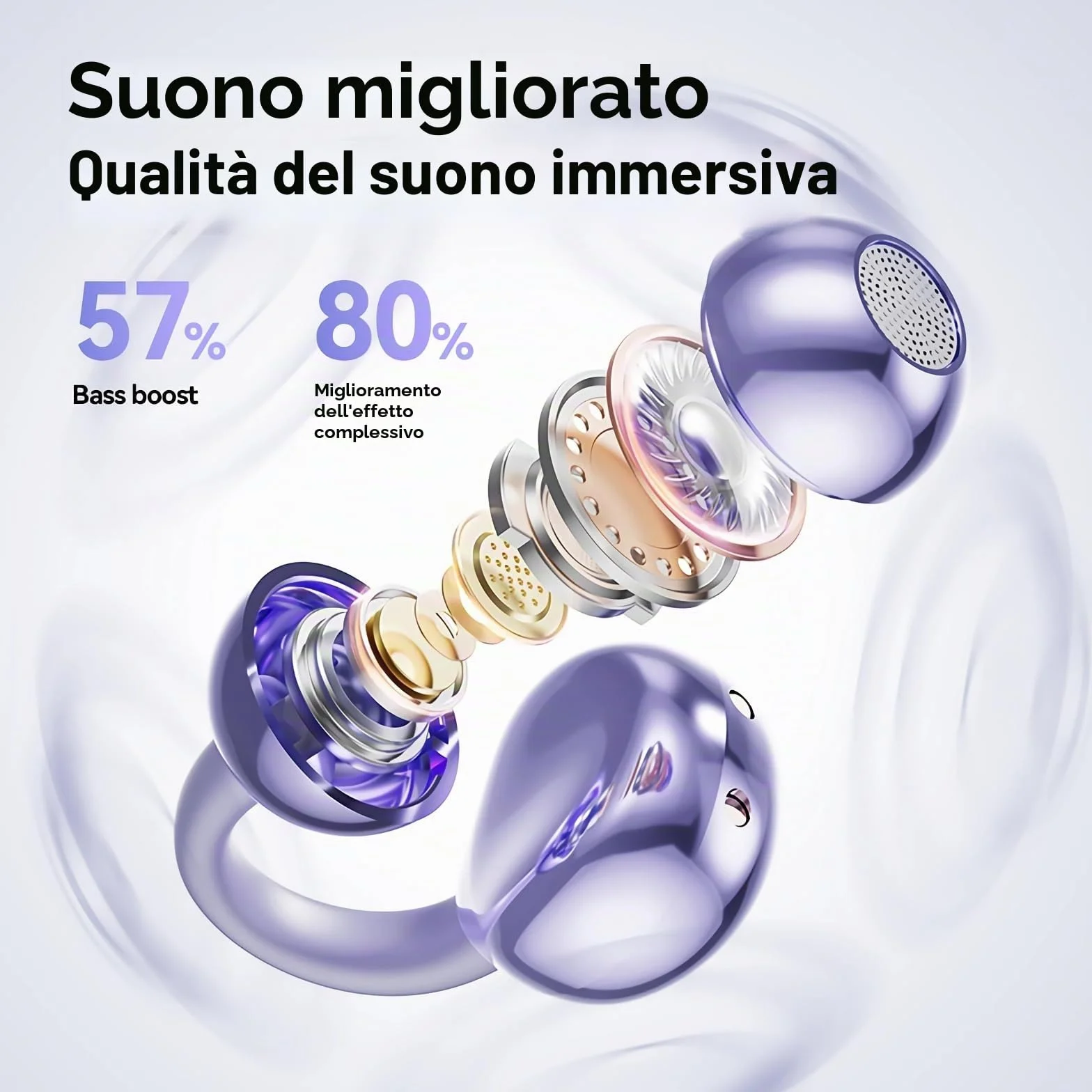 PTHTECHUS Cuffie Wireless, Sportivi Clip Aperta Cuffie Conduzione Ossea, Diaframmi 12mm ENC, Chiamate Cristalline, Auricolari Bluetooth 5.4 Compatibile iOS/Android, 30 ore di Riproduzione, Viola-b