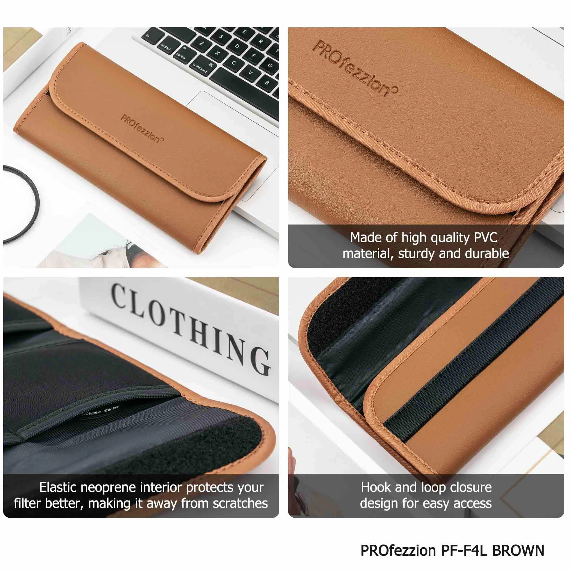 PROfezzion Custodia per Filtro 4 Tasche Custodia per filtro per Obiettivo per Borsa per il Trasporto per Filtro Tondo UV ND CPL Fino a 82 mm di Stoccaggio con Panno di Pulizia in Microfibra, Marrone