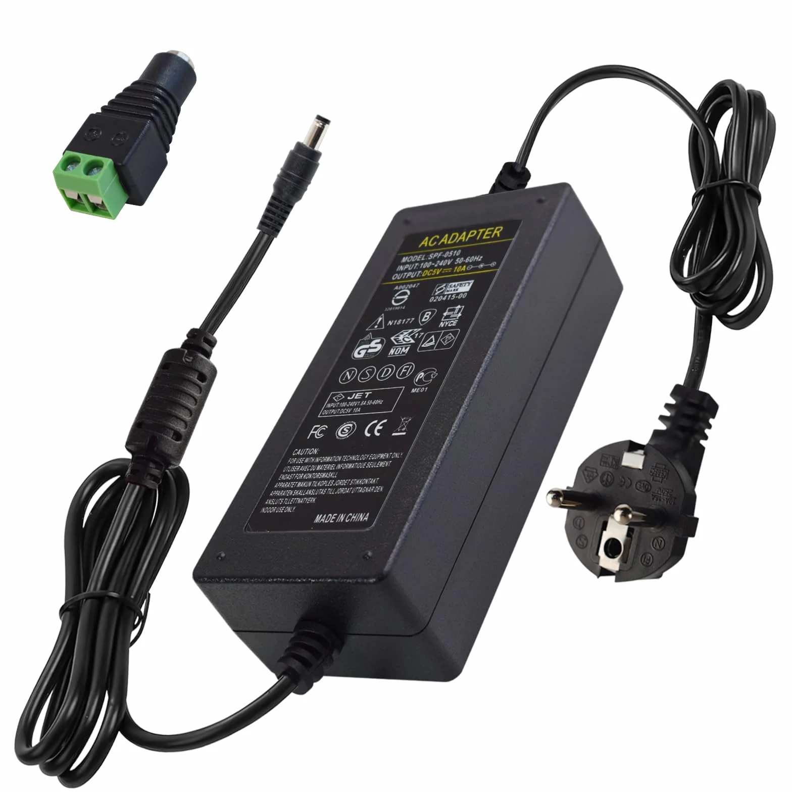 Alimentatore 5V 10A 50W, Adattatore di Alimentazione AC 100-240V a DC 5V, Trasformatore Stabilizzato con Spina UE, Interfaccia 5.5x2.5mm per Telecamere CCTV, Strisce LED, Dispositivi Elettronici