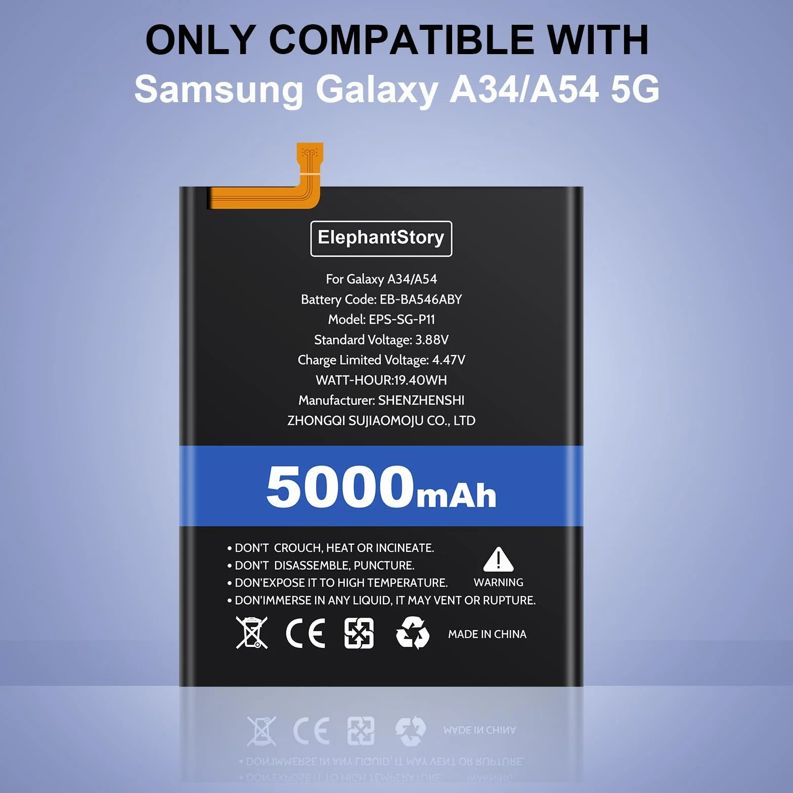 ElephantStory Batteria per Samsung Galaxy A34 5G SM- A346B/ A54 5G SM- A546B, EB-BA546ABY 5000 mAh Batteria di Ricambio Batteria Sostitutiva ai Polimeri di Litio con Strumenti di Riparazione