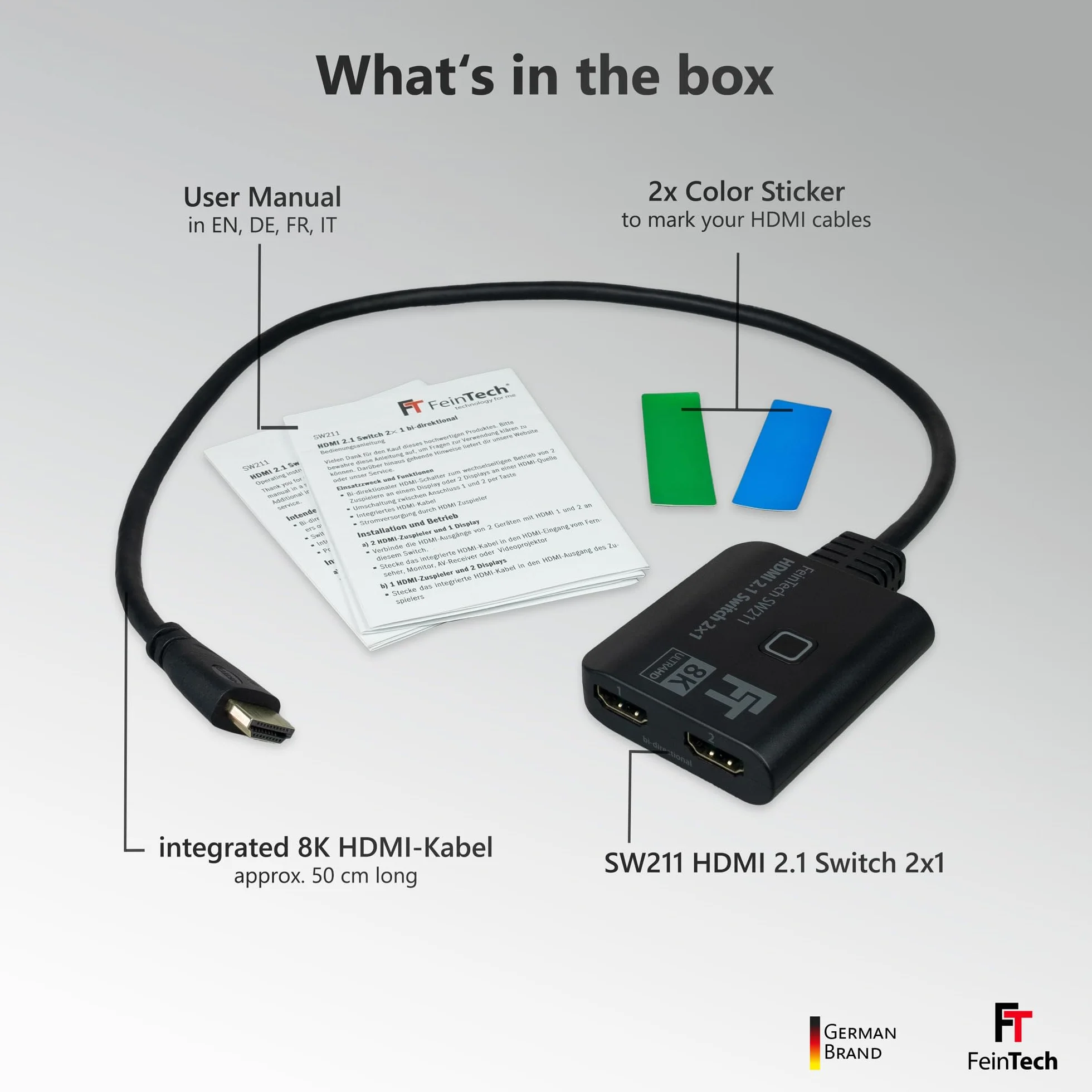FeinTech SW211, switch HDMI 2.1, bidirezionale 2x1, 4K 120Hz, 8K, 2 in 1 uscita o 1 in 2 uscite, cavo HDMI integrato