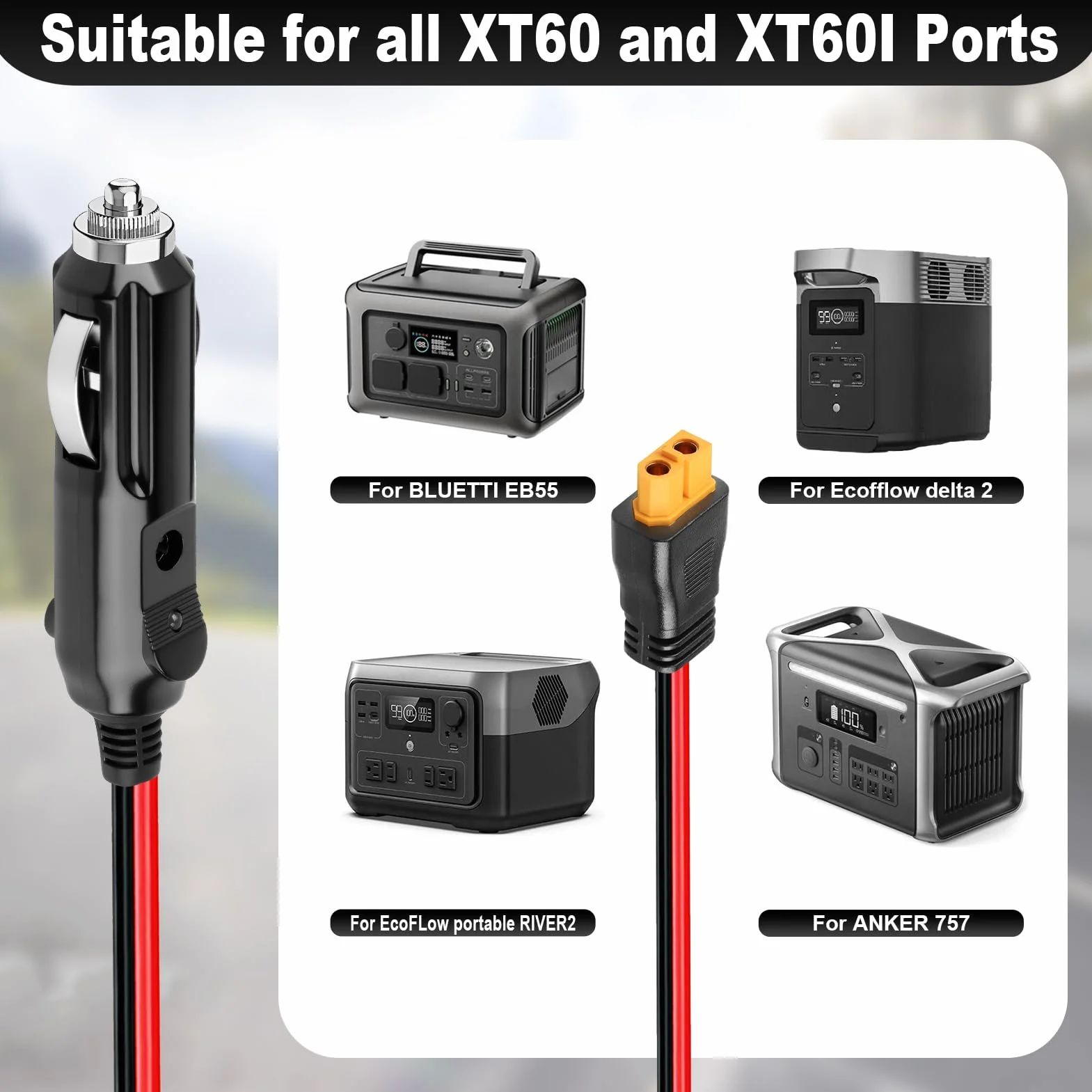 Cavo da accendisigari da 12 V/24 V a XT60, adattatore CC XT60 da 3 m, 16 AWG, caricabatteria da auto per BLUETTI Power Station EB55/AC2A/AC70, Anker 757/767, SOLIX C200 C300, generatore solare ECOFLOW