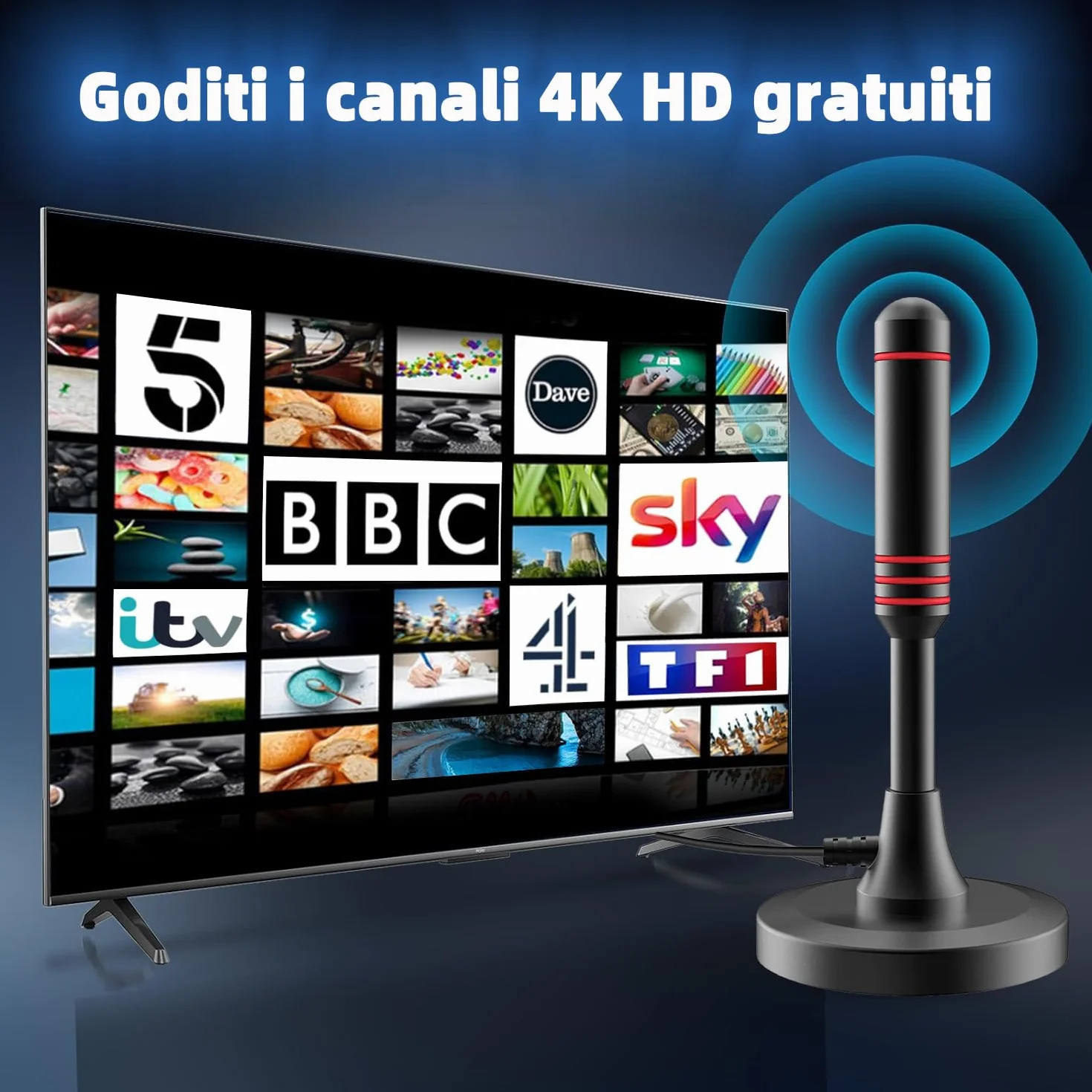 Antenna TV Interna, Antenna TV Interna HDTV Digitale 500+ Miglia Amplificata con Base Magnetica/Amplificatore di Segnale Support 4K HD/1080P/VHF/UHF per Home Smart Televisione/Radio, Cavo Coassiale 5M
