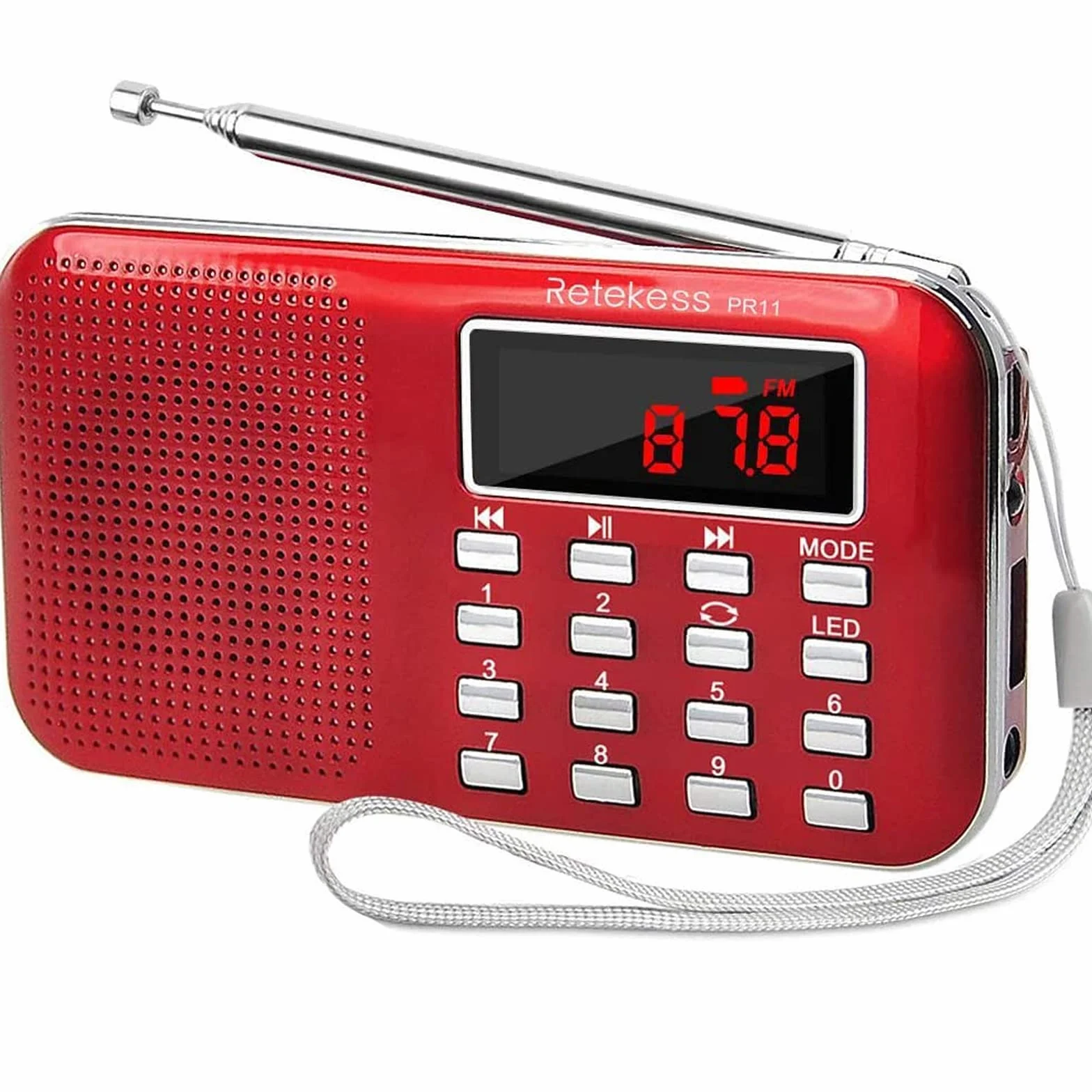 Retekess PR11 Mini Radio Portatile, Radio FM AM, con Altoparlanti, Display LCD, Batteria Ricaricabile, Radiolina Tascabile Supporta unità USB, Scheda TF, AUX (Rosso)