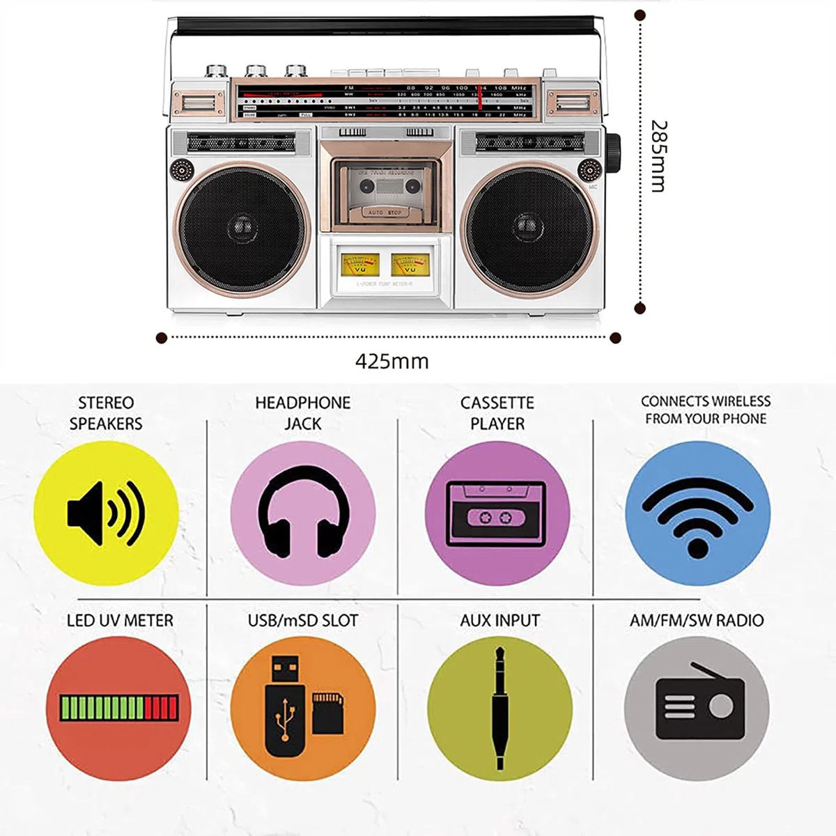 Radio retrò, Boombox a Cassetta retrò, registratore Lettore Bluetooth Radio AM/FM Portatile ad Alta fedeltà, conversione di Cassette in USB/SD, Riproduzione HD con Doppio