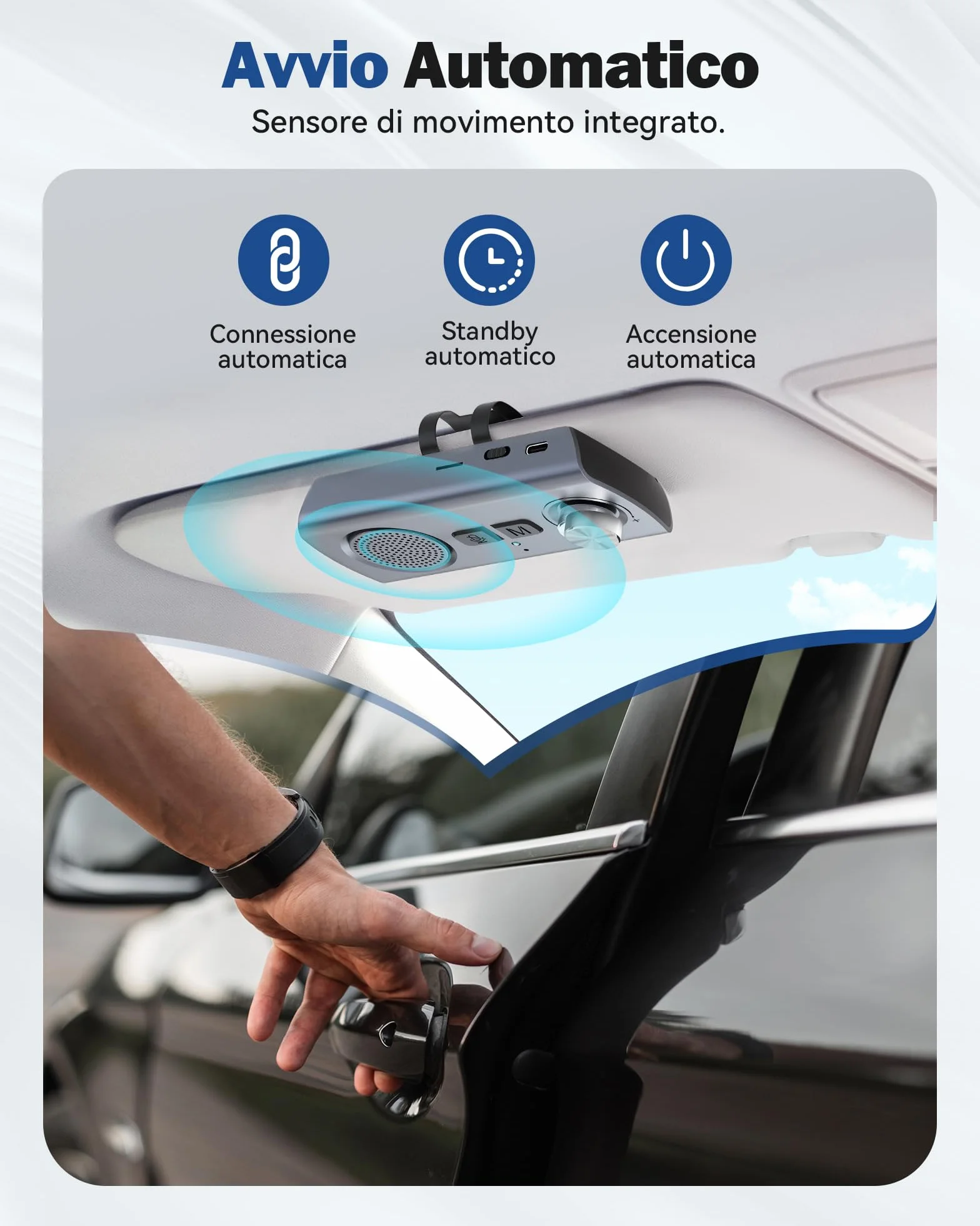 AGPTEK Vivavoce per Auto Bluetooth 5.3 con Siri, Assistente Google, Kit per Auto con Altoparlante Wireless con Slot per Scheda TF, Supporta la Connessione di 2 Telefoni Contemporaneamente