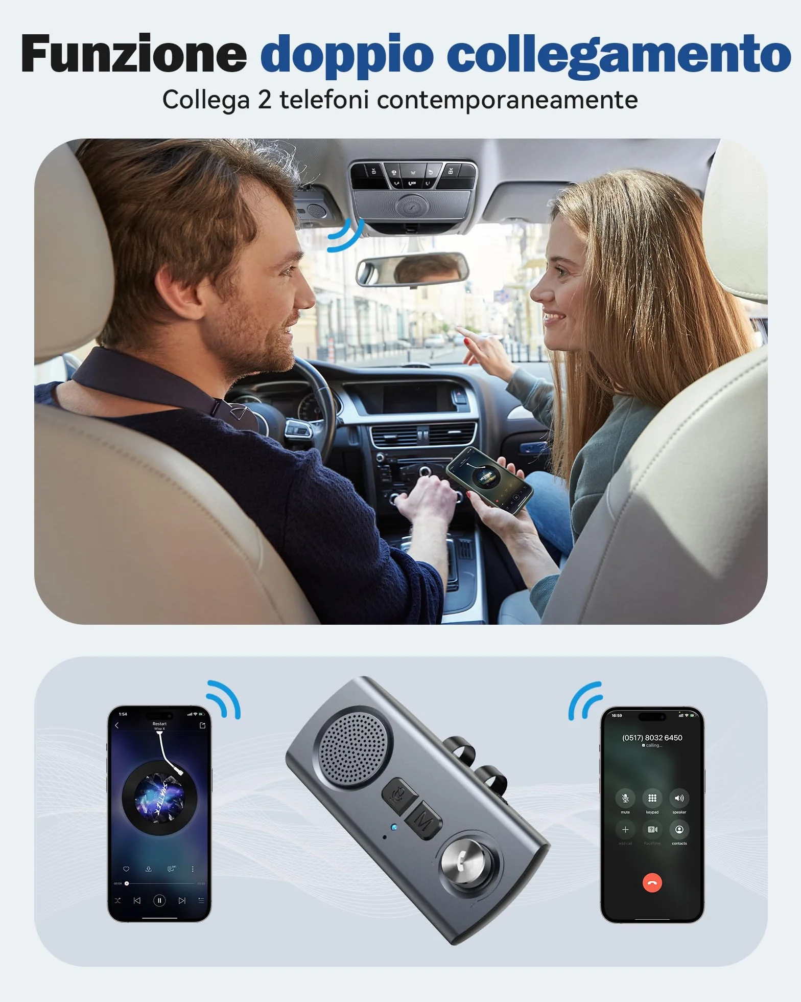 AGPTEK Vivavoce per Auto Bluetooth 5.3 con Siri, Assistente Google, Kit per Auto con Altoparlante Wireless con Slot per Scheda TF, Supporta la Connessione di 2 Telefoni Contemporaneamente