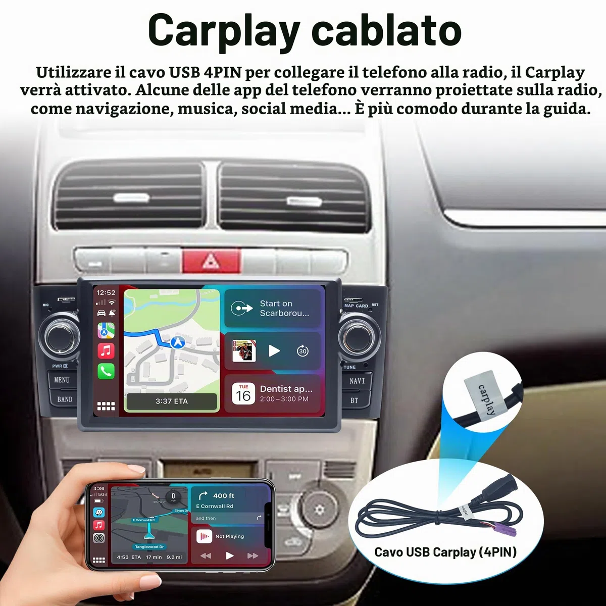 Autoradio Android 7" per FIAT Linea 2007-2011 & Grande Punto 2005-2009, Apple CarPlay Cablato & Android Auto, Navigazione GPS, Bluetooth, WiFi, Radio FM, Controllo al Volante, 2GB+16GB
