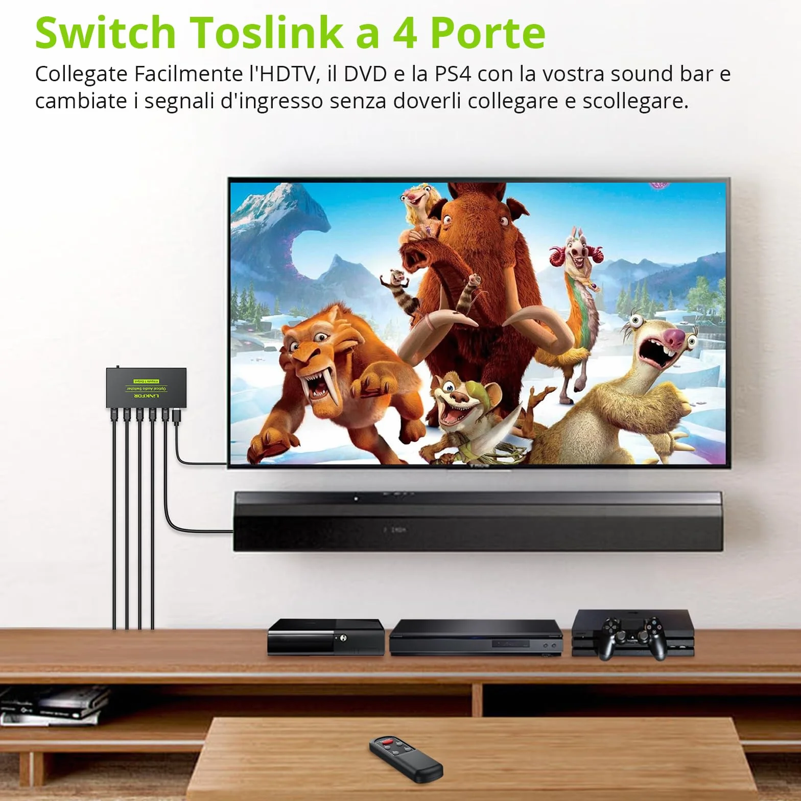 LiNKFOR 4x1 Switch Toslink SPDIF con IR Telecomando Supporto PCM2.0 DTS Dolby-AC3 Switcher Commutatore Audio Digitale 4 in 1 out in Lega di Alluminio Funziona Memoria con Cavo USB per PS3 DVD HDTV