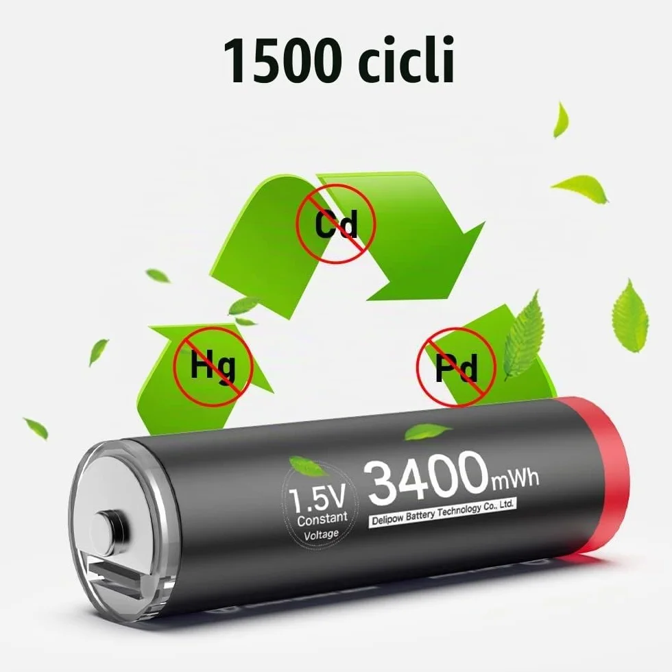 1.5V USB-C Batterie AA ricaricabili 3400mWh, Pile Ricaricabili AA Litio 1500 Cicli con Cavo USB-C, 4 pezzi