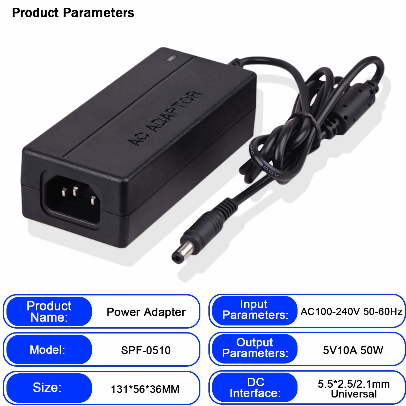 Alimentatore 5V 10A 50W, Adattatore di Alimentazione AC 100-240V a DC 5V, Trasformatore Stabilizzato con Spina UE, Interfaccia 5.5x2.5mm per Telecamere CCTV, Strisce LED, Dispositivi Elettronici