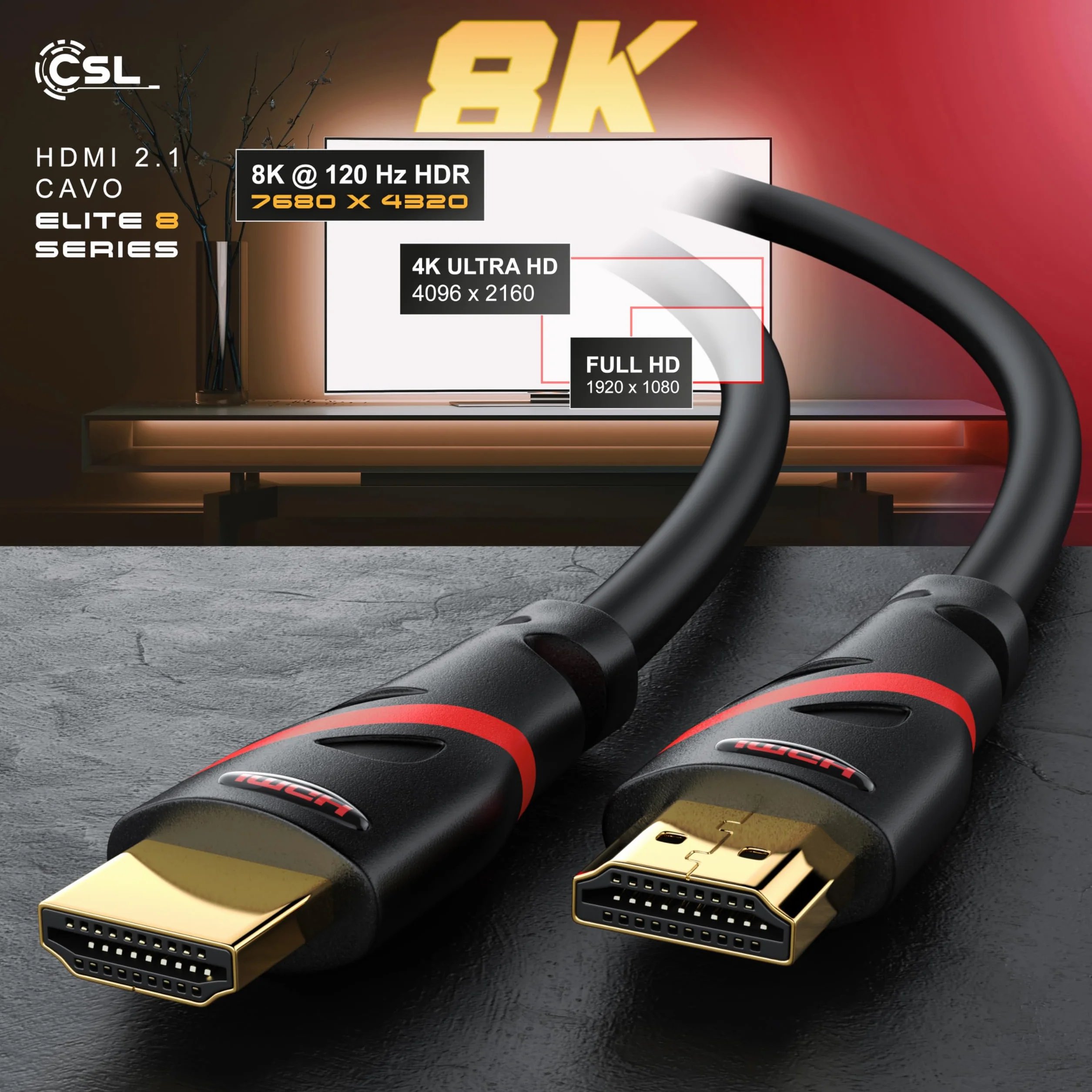 CSL - 10m Cavo HDMI 8k / 4k 2.1/2.0-8K @ 60Hz 4K @ 120Hz con DSC - 48 Gbit/s - 3D - Ultra High Speed con Ethernet - TV Blu-ray PS5 compatibile con Xbox Series X Switch - nero - 10 metri