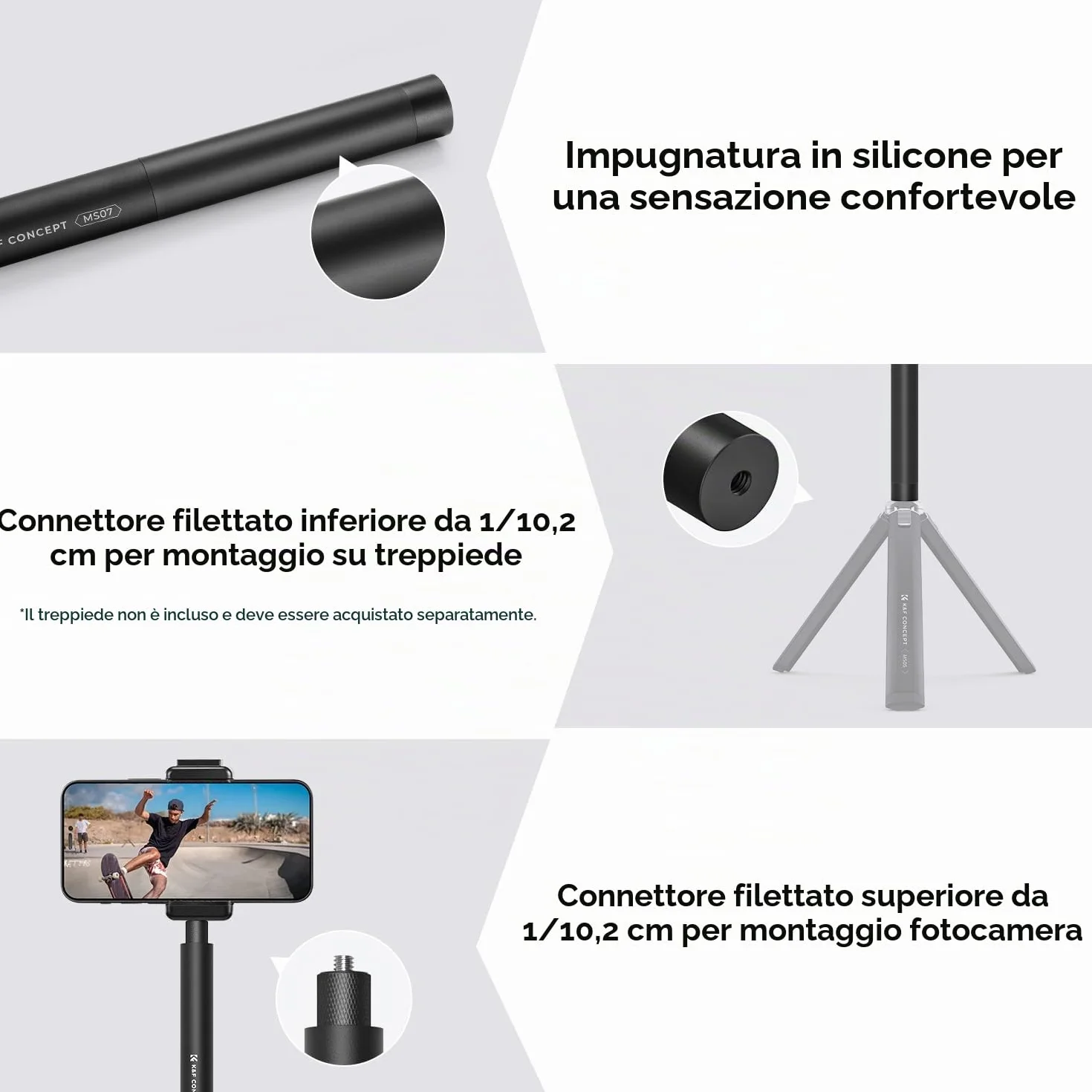 Bastone Selfie Monopiede, K&F Concept Selfie Stick MS07 153cm Palo di Estensione in Alluminio con Connettore da 1/4", Compatibile con DJI Osmo, Insta360 Ace X5 X4 X3 ONE, Go Pro Hero 12 11 10 9 8 7
