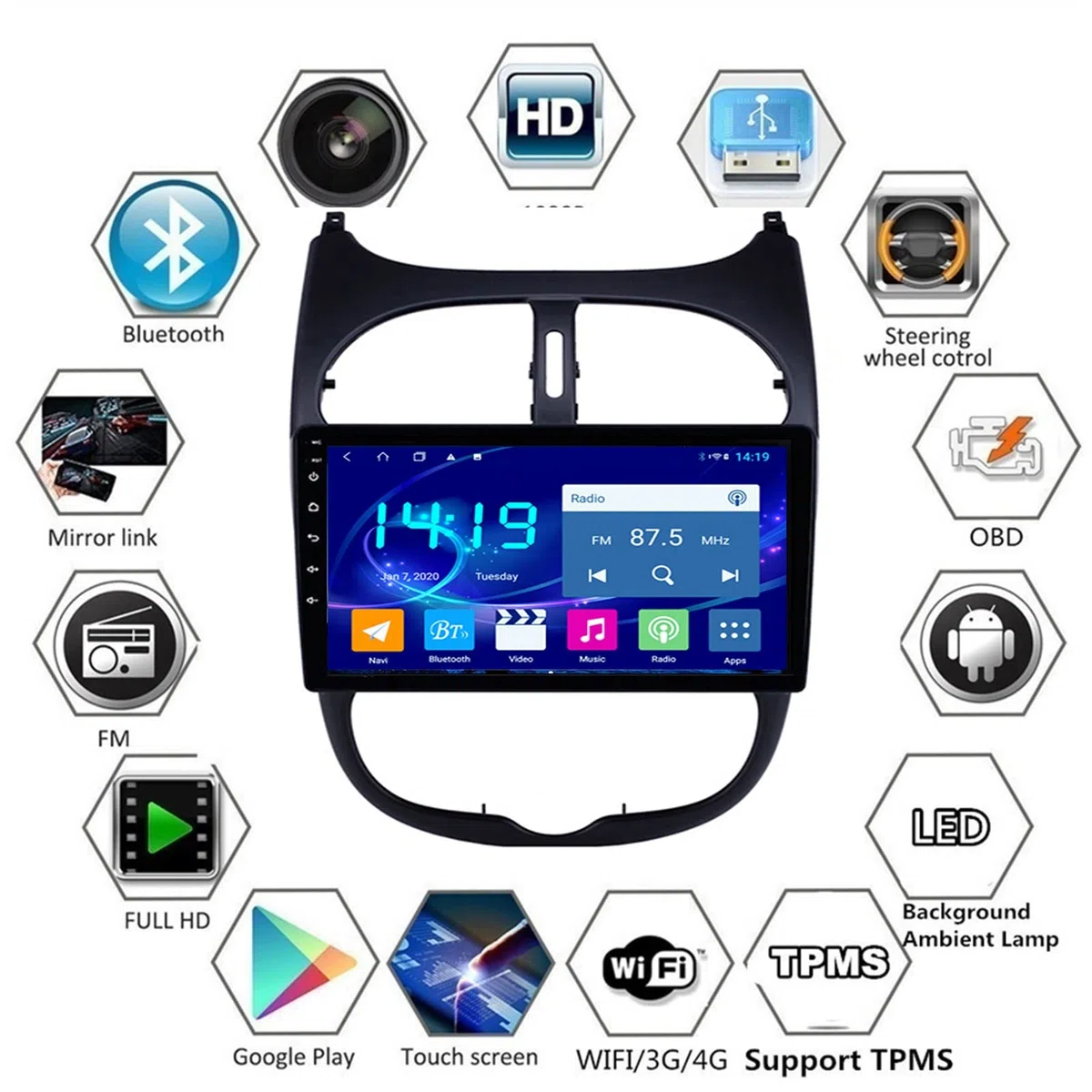 Touchscreen da 9 Pollici Lettore Video multimediale Navigazione GPS per autoradio Bluetooth Peu-geot 206 2001-2008 con Fotocamera di Backup Collegamento Telefono Cellulare Connessione USB 4G WiFi