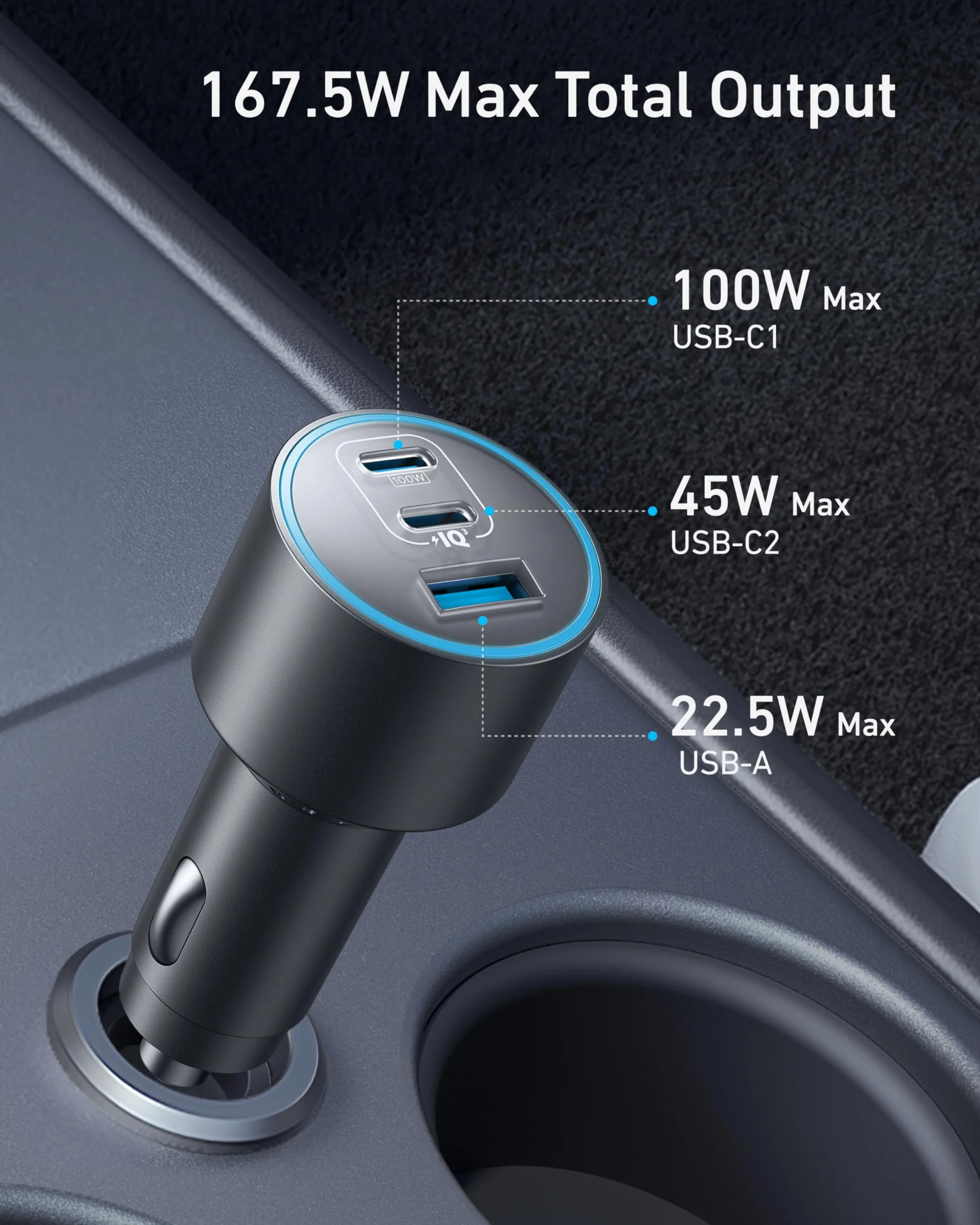 Anker Caricatore Auto USB C 167.5W Max, Accendisigari USB C 3-Porte Ultra-Compatto e Rapido, Per MacBook Pro/Air, iPhone 16/15/14/13 Serie, Samsung S24/S23, iPad Pro, AirPods, e Altro Ancora