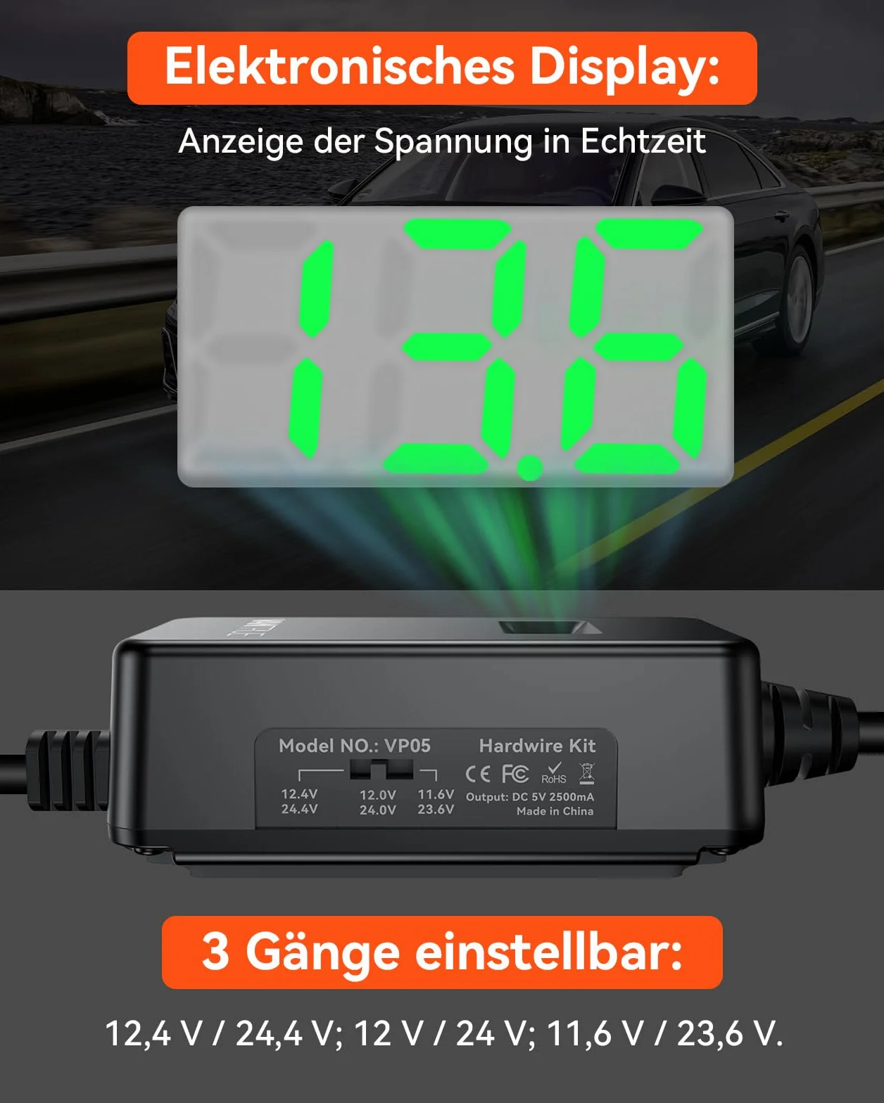 VANTRUE Kit di Cablaggio USB-C con 3 Velocità, Cavo ACC e display per Dashcam USB-C, da 12V/24V a 5V, Portafusibili con Protezione da Bassa Tensione, Modalità di Parcheggio 24H