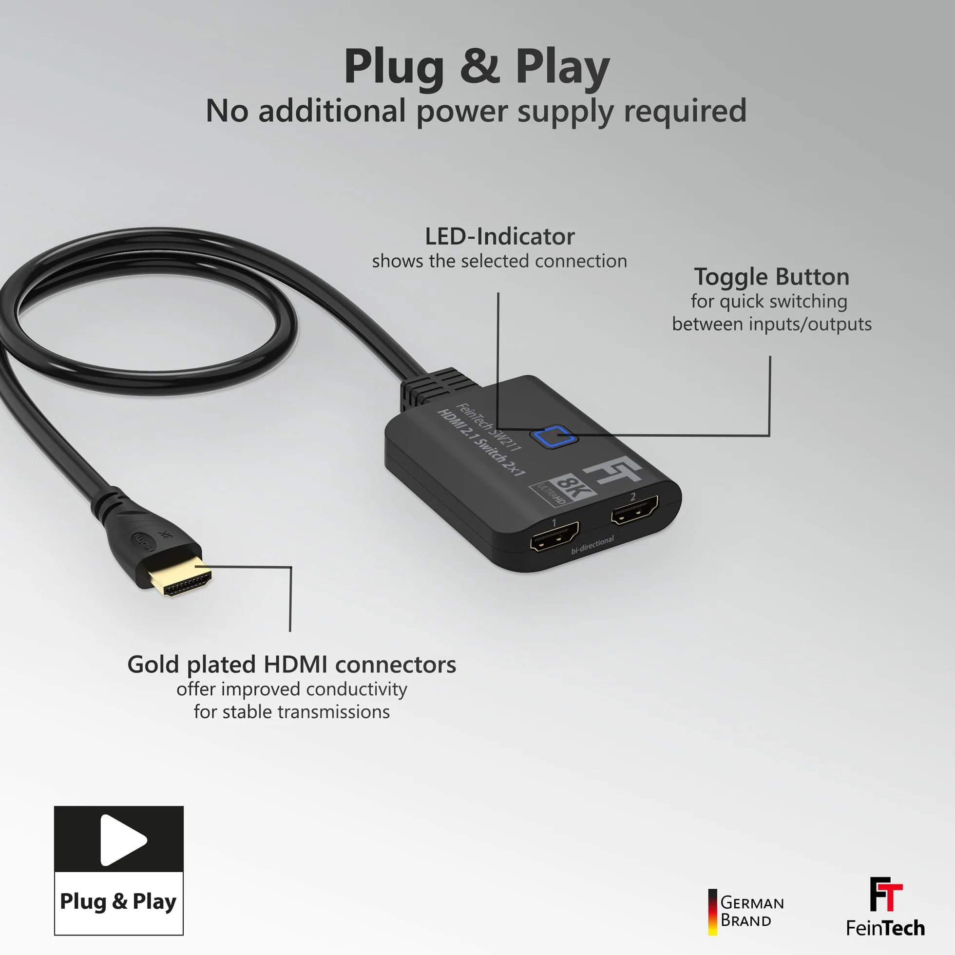 FeinTech SW211, switch HDMI 2.1, bidirezionale 2x1, 4K 120Hz, 8K, 2 in 1 uscita o 1 in 2 uscite, cavo HDMI integrato