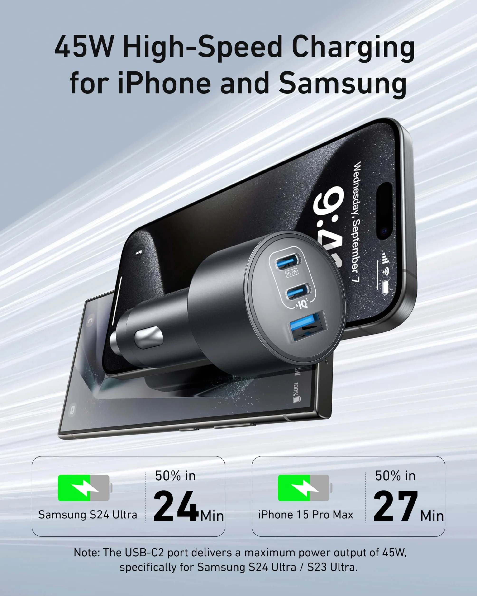 Anker Caricatore Auto USB C 167.5W Max, Accendisigari USB C 3-Porte Ultra-Compatto e Rapido, Per MacBook Pro/Air, iPhone 16/15/14/13 Serie, Samsung S24/S23, iPad Pro, AirPods, e Altro Ancora