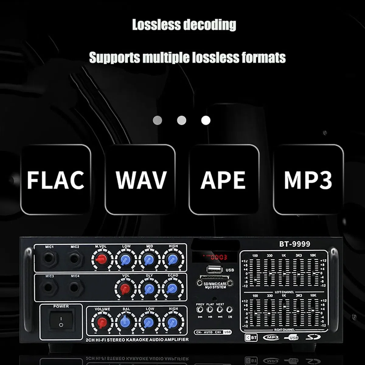 Amplificatore Digitale HiFi, Amplificatore Audio Stereo a 2.0 Canali, Doppia Regolazione del Bilanciamento EQ a 5 Bande, con Telecomando, Supporto Formati Lossless