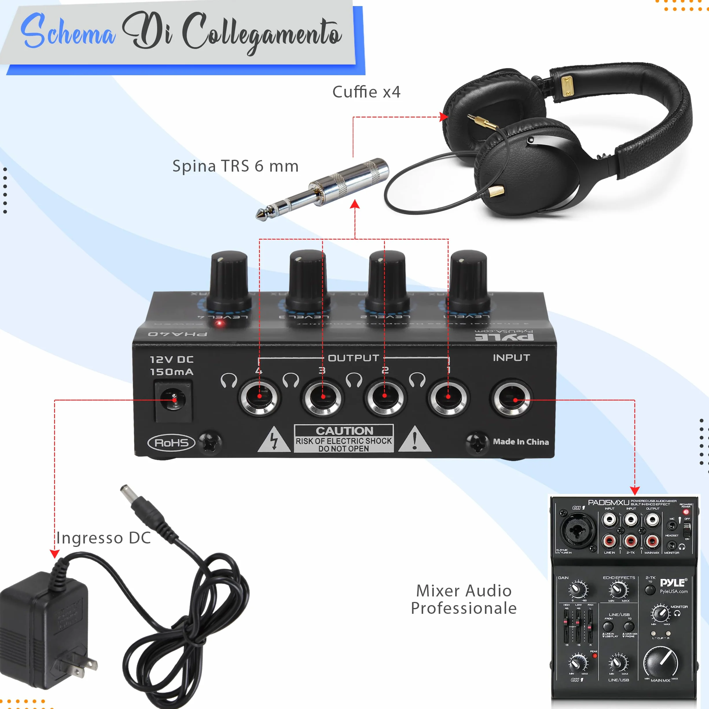 Pyle Preamplificatore Phono, Giradischi - Amplificatore Audio Stereo 4 Canali Portatile con Jack Bilanciato TRS da 6,35 mm e Ingresso TRS da 6,35 mm