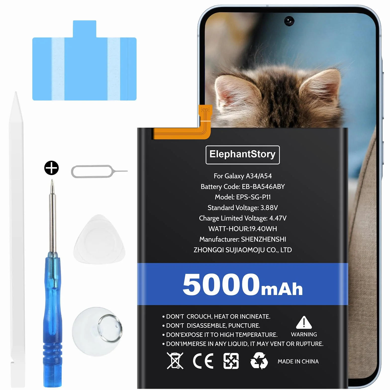 ElephantStory Batteria per Samsung Galaxy A34 5G SM- A346B/ A54 5G SM- A546B, EB-BA546ABY 5000 mAh Batteria di Ricambio Batteria Sostitutiva ai Polimeri di Litio con Strumenti di Riparazione