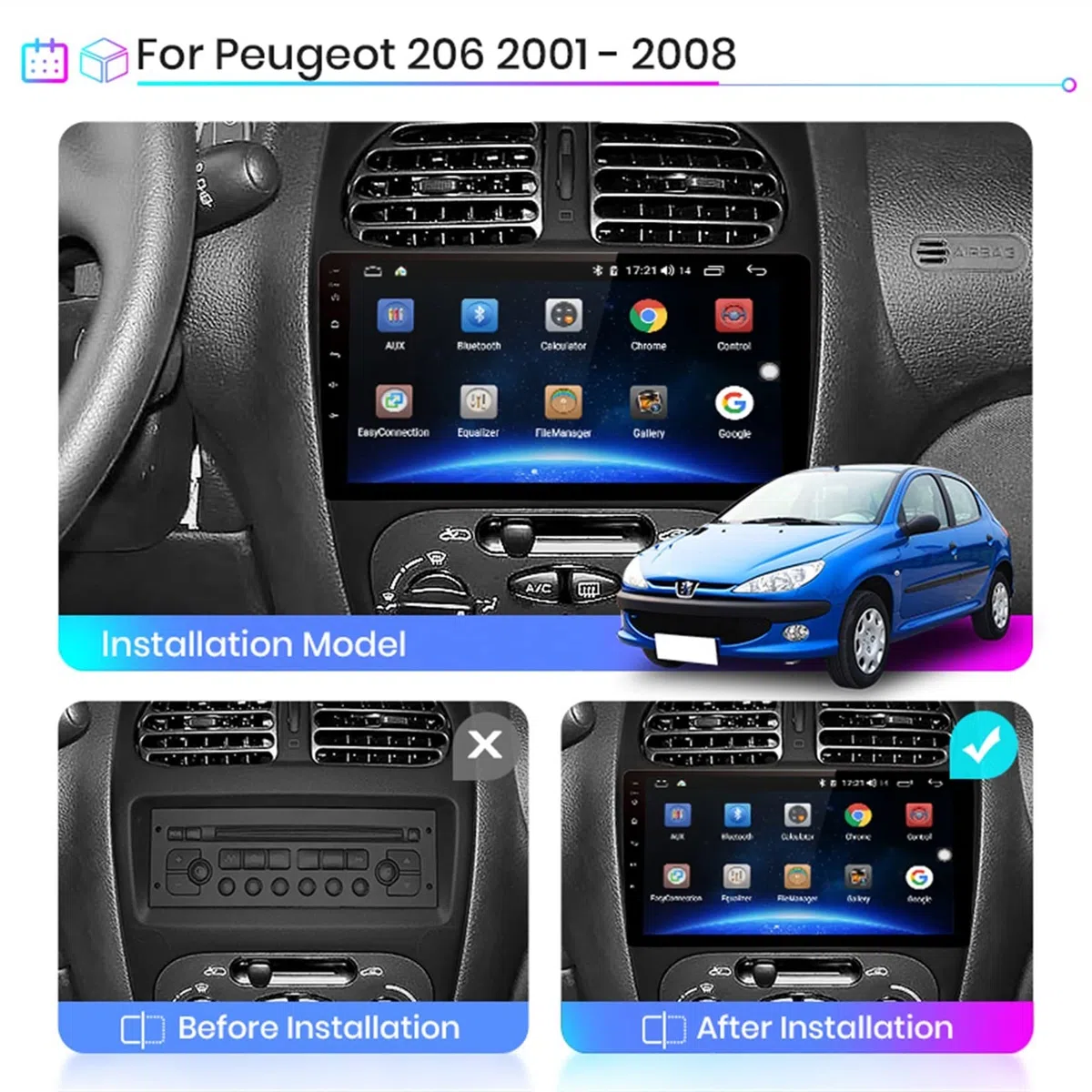 Touchscreen da 9 Pollici Lettore Video multimediale Navigazione GPS per autoradio Bluetooth Peu-geot 206 2001-2008 con Fotocamera di Backup Collegamento Telefono Cellulare Connessione USB 4G WiFi