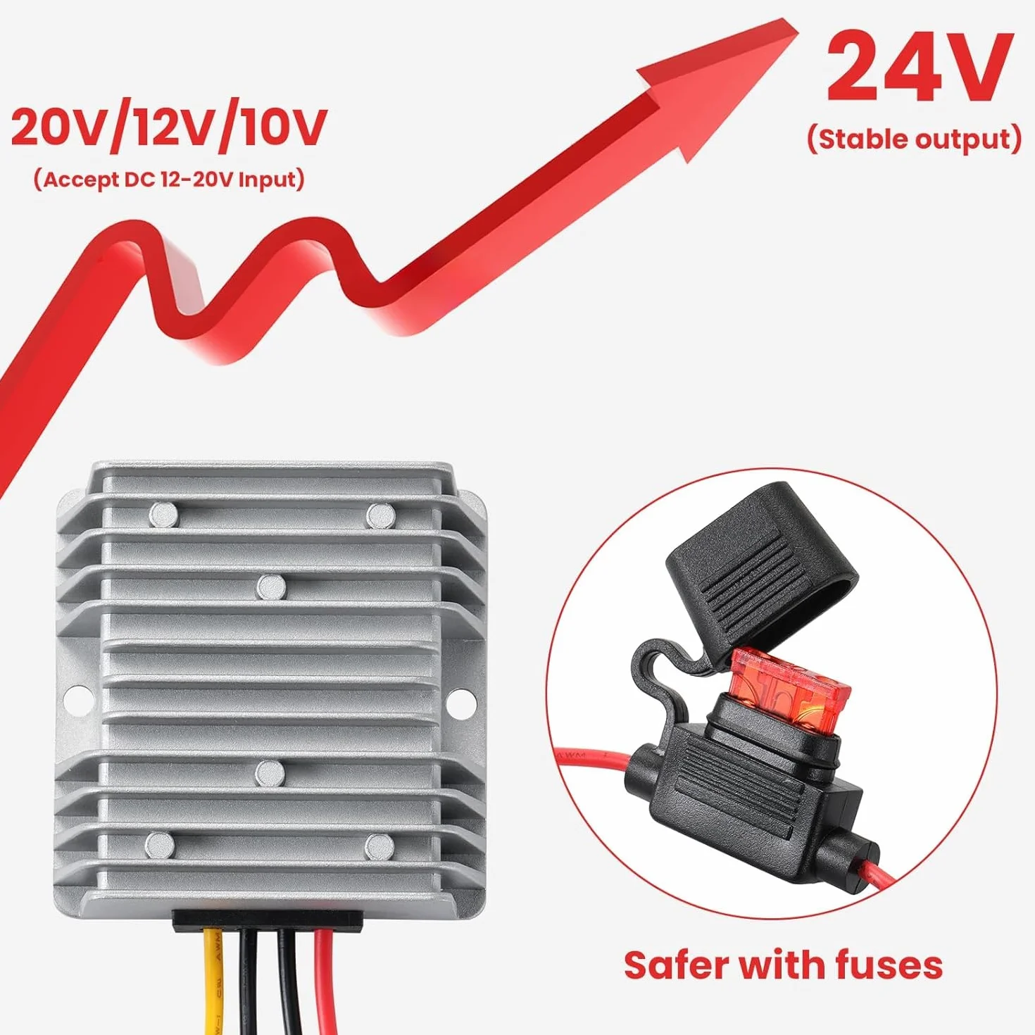 DC-DC Convertitore di tensione da 12V a 24V 10A 240W MAX, convertitore da 10-22V a 24V boost, convertitore con fusibile impermeabile e morsettiera, per motori di auto e strumenti ecc.